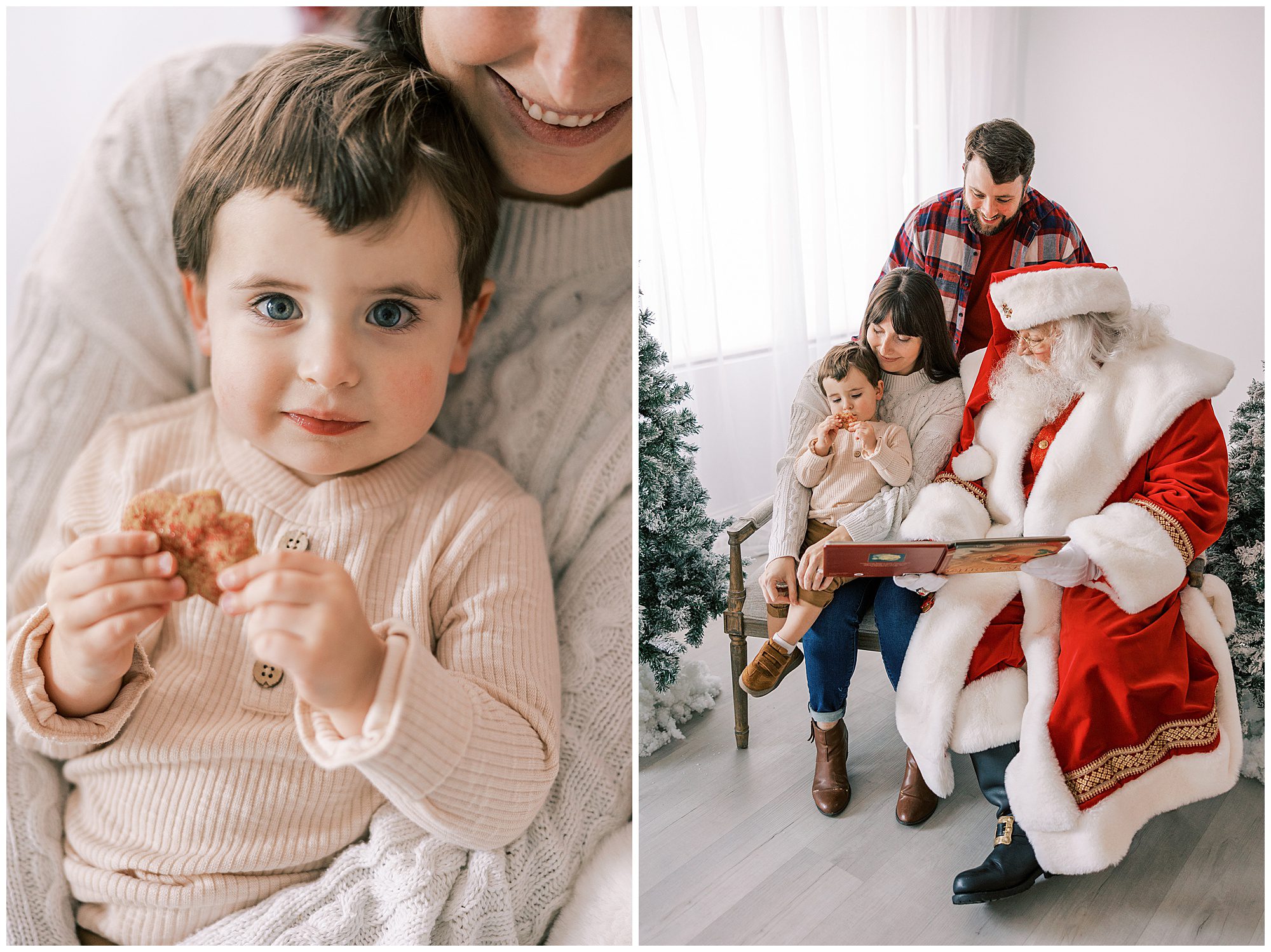 boy holding cookie and family smiling with santa