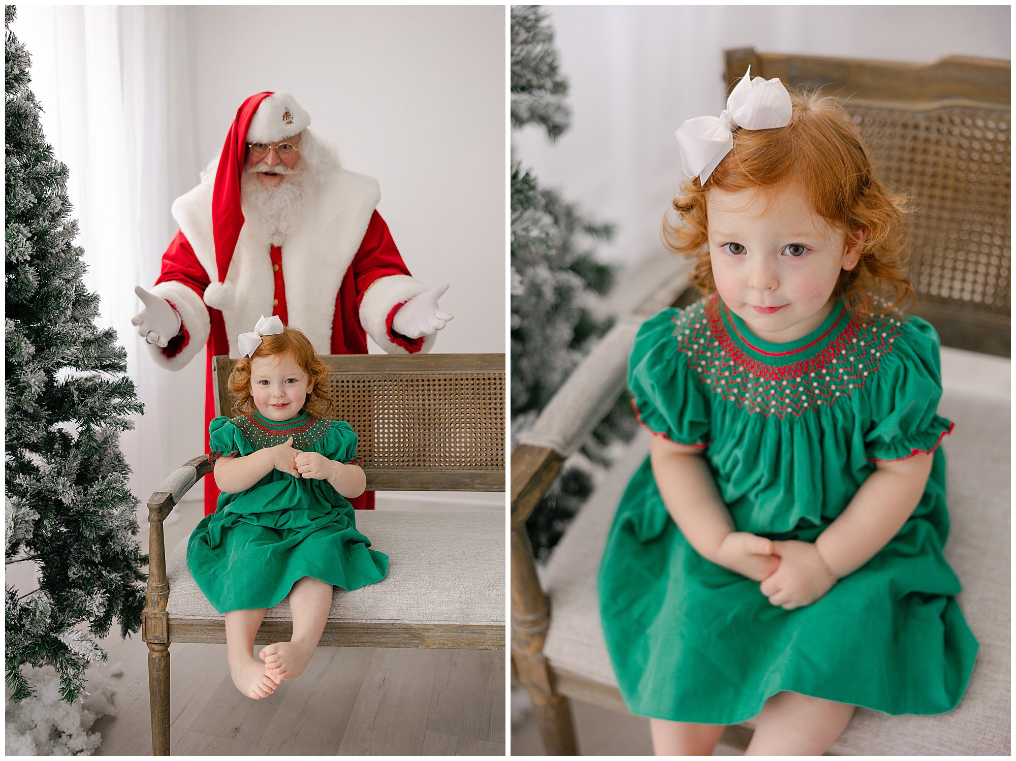 girl in green dress with santa behind her
