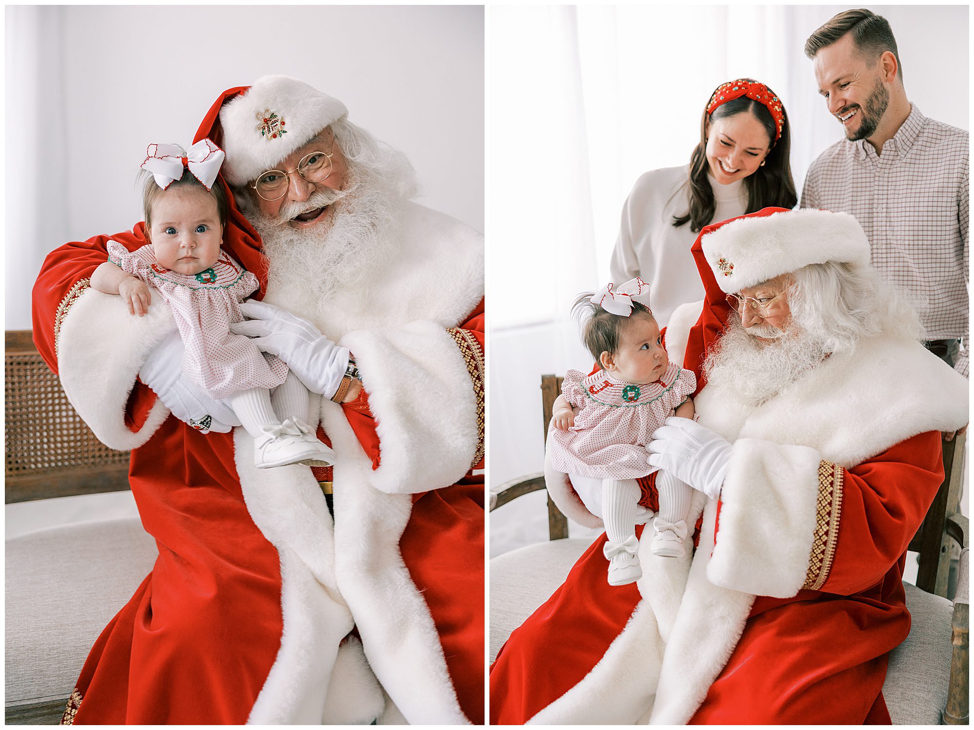 santa holding baby and whole family standing with santa