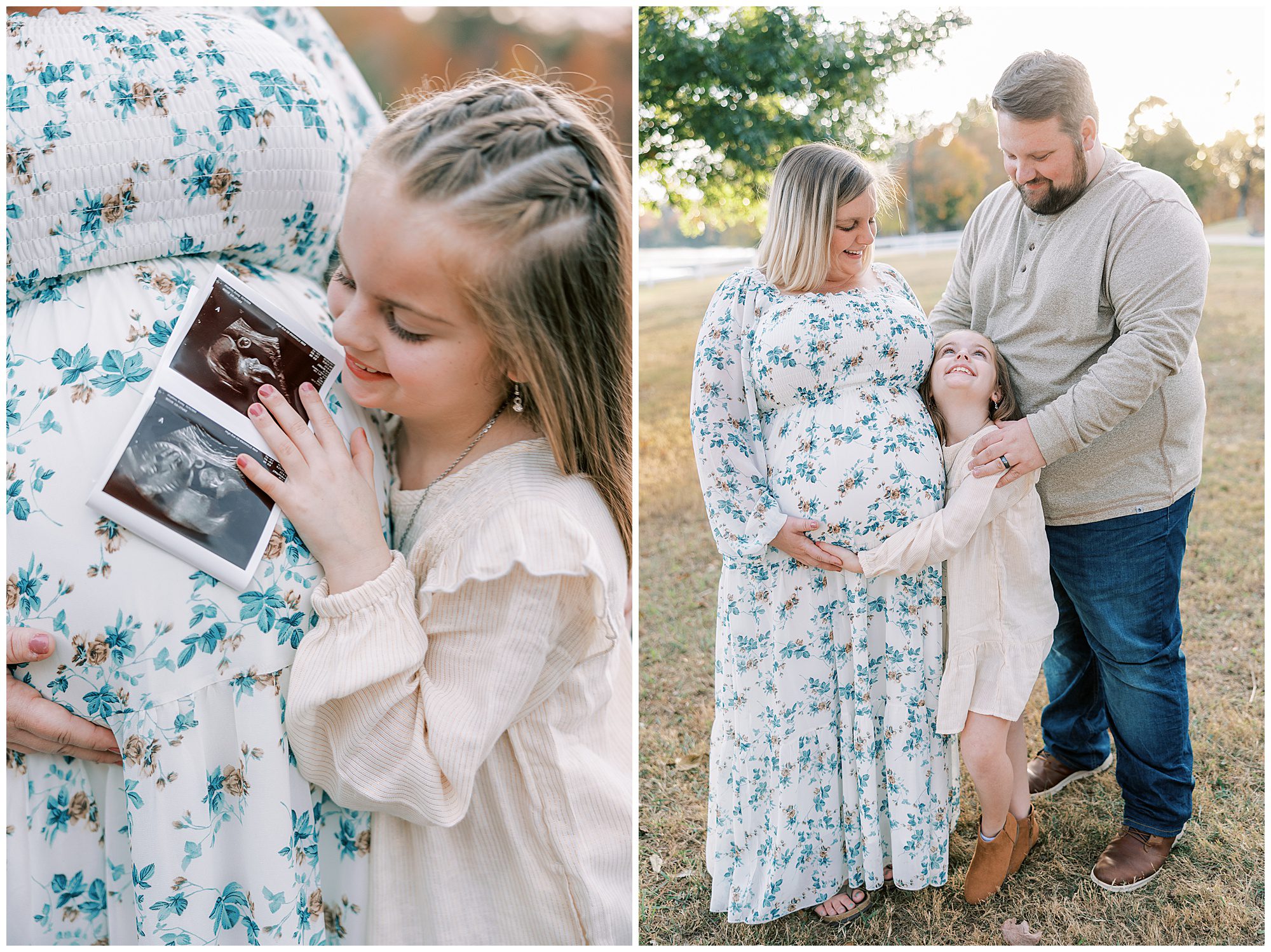 girl holding ultrasound photos against moms baby bump