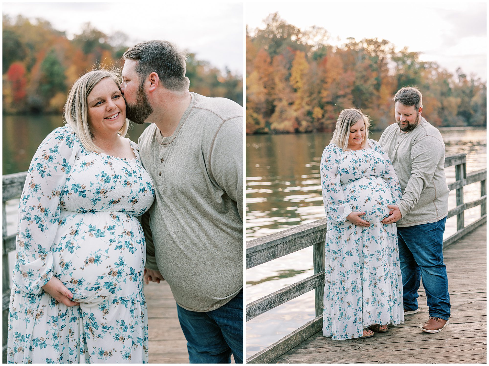 mom and dad holding baby bump at lakefront maternity session