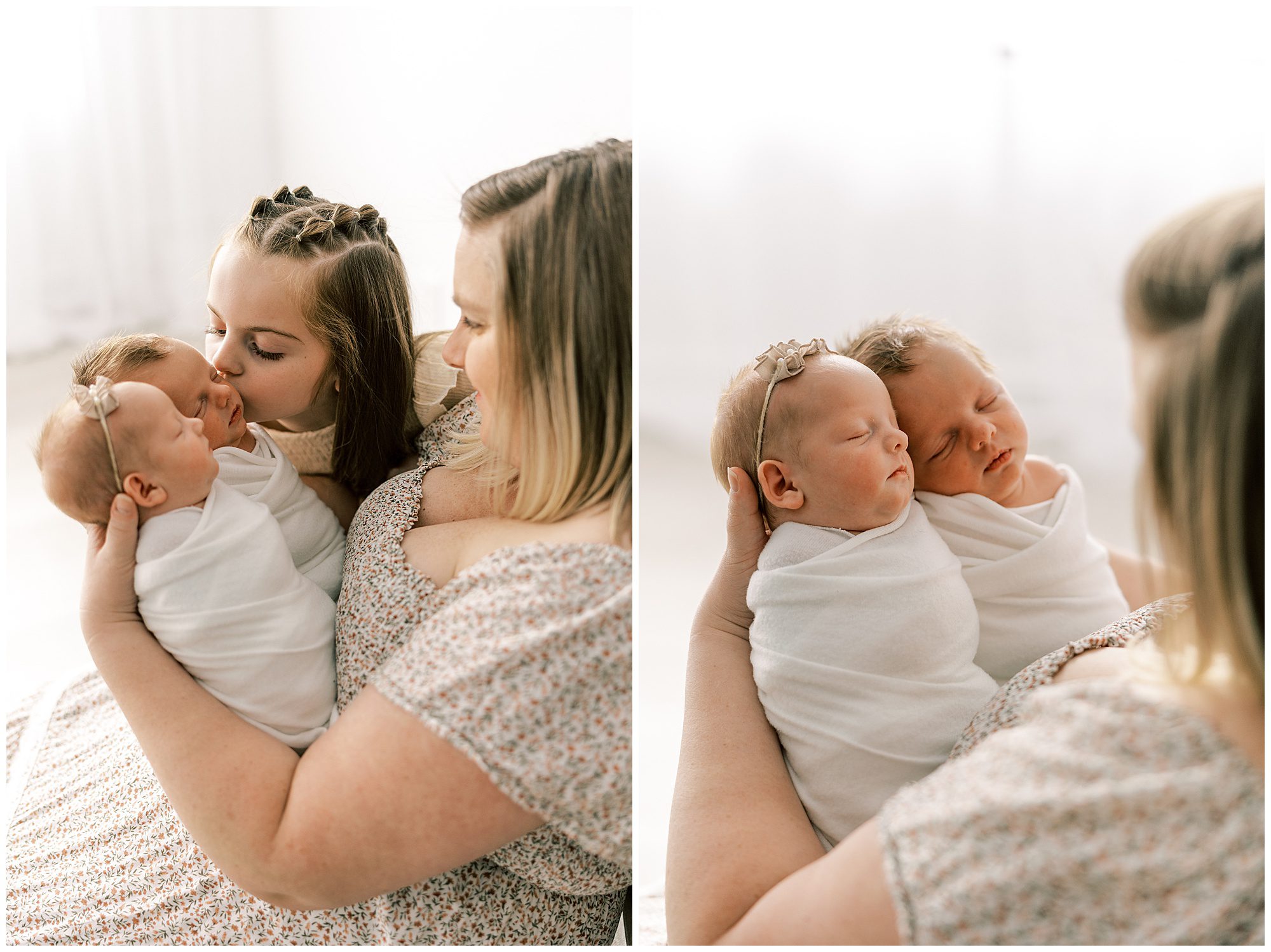 mom and girl holding newborn babies