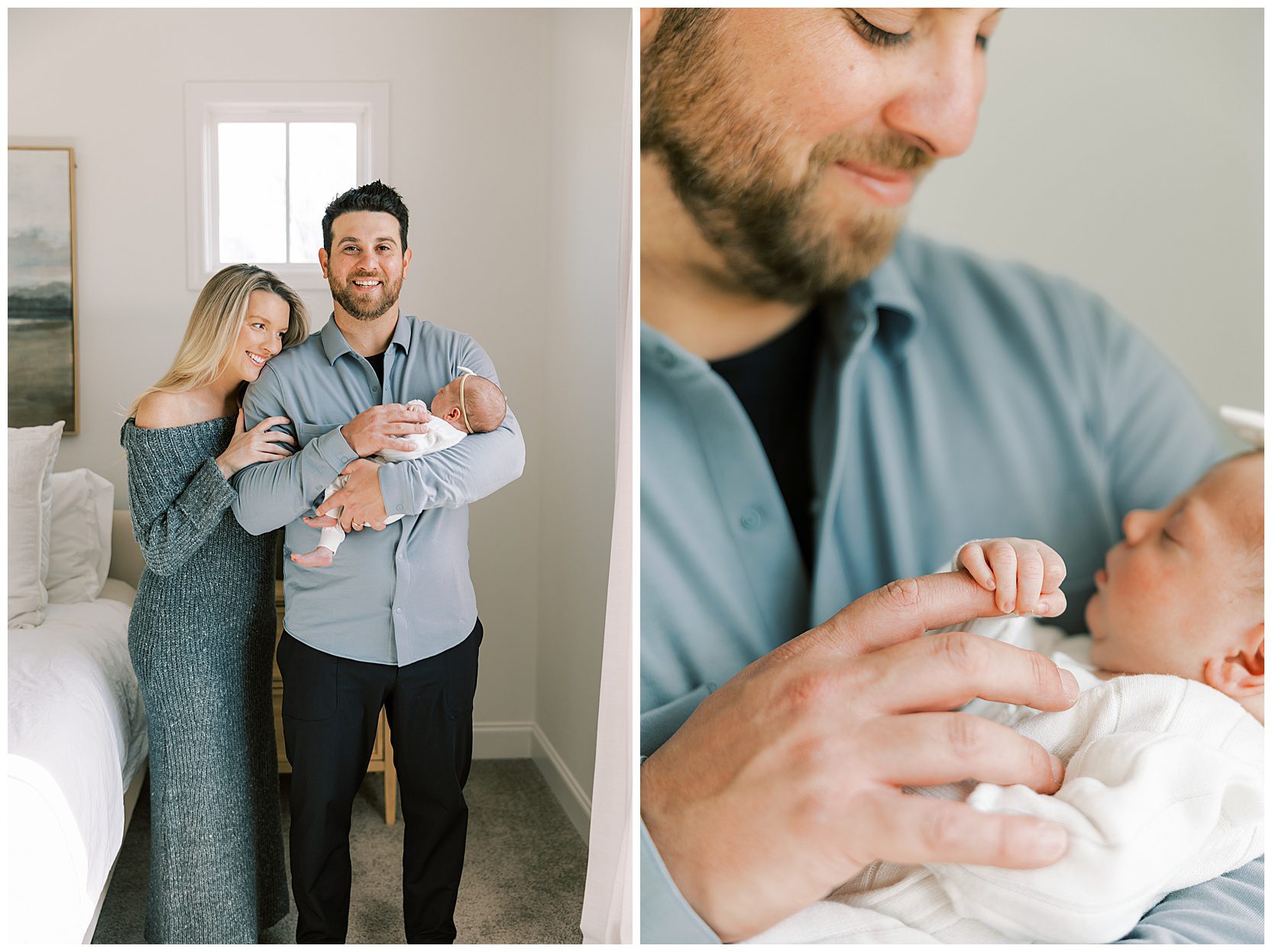 mom and dad smiling at camera holding newborn baby girl