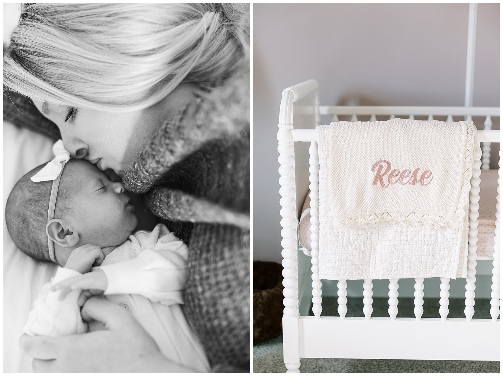 mom holding baby girl in pink nursery