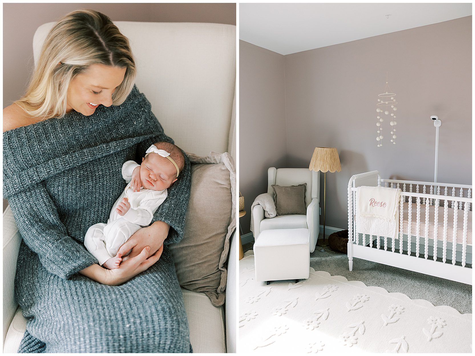 mom holding baby girl in pink nursery