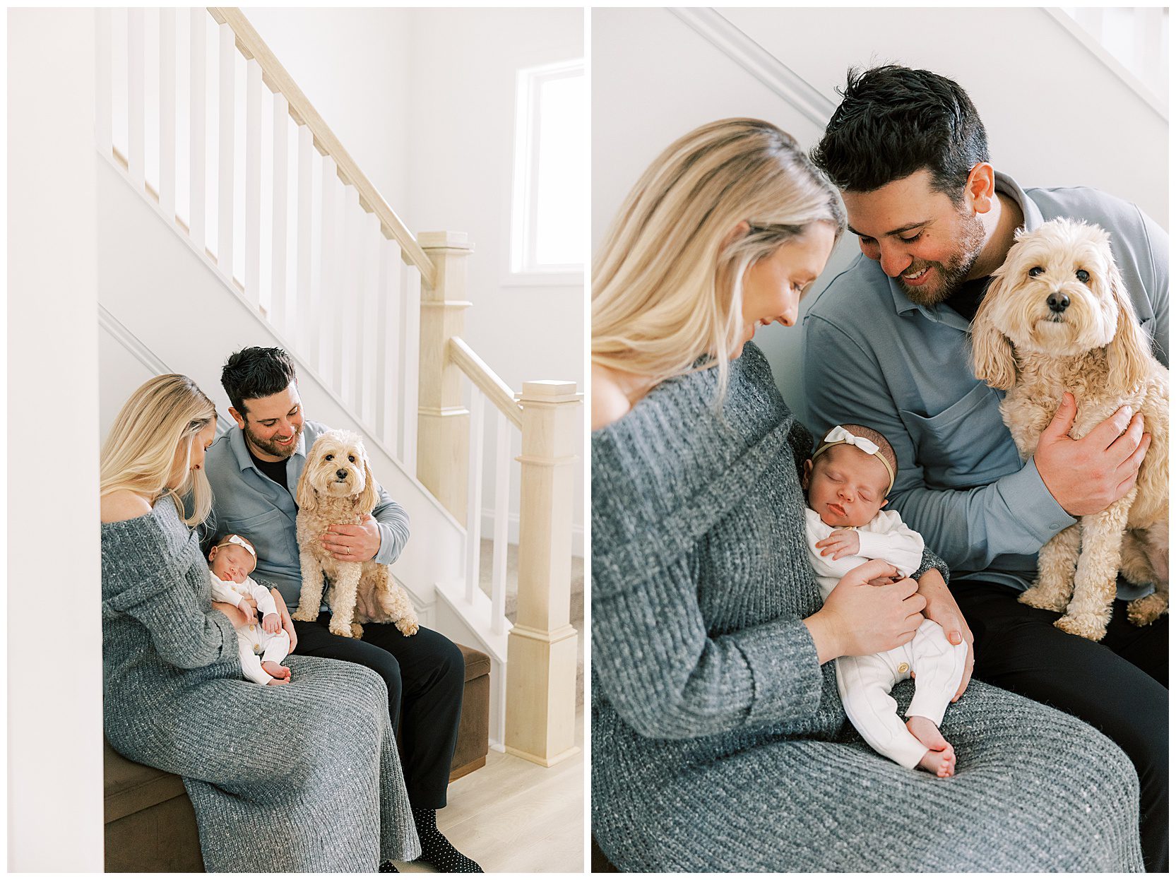 mom and dad sitting with puppy and newborn baby