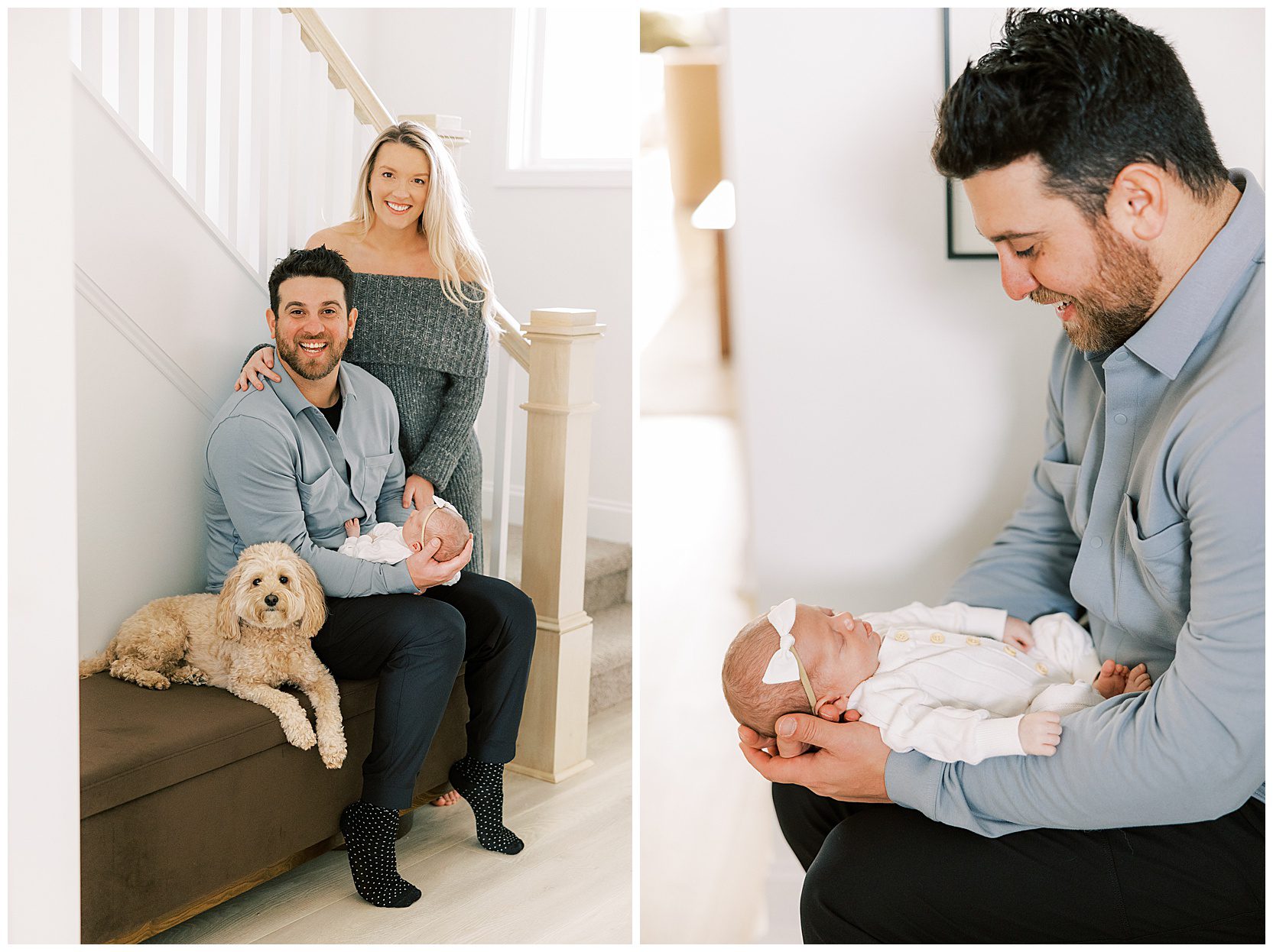 mom and dad holding baby next to puppy