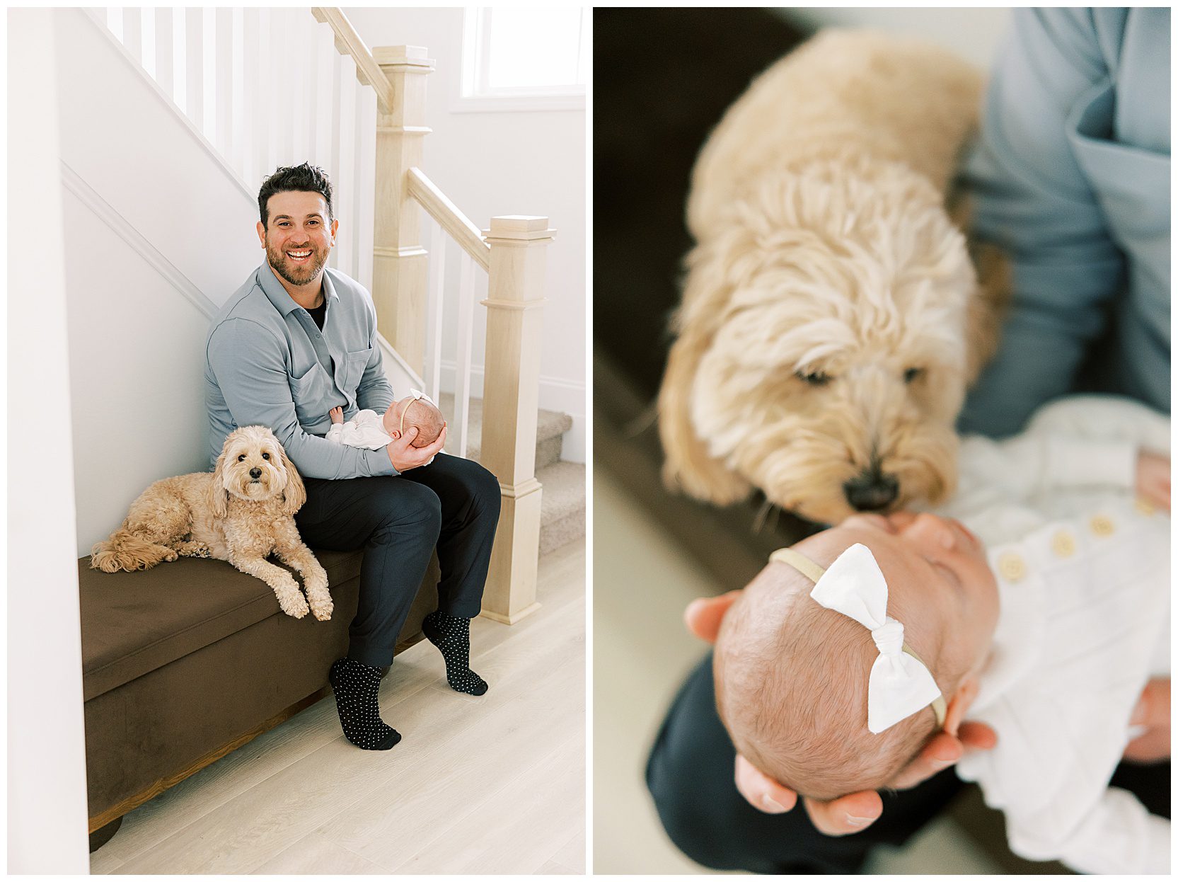 dad sitting by stairs with newborn and dog