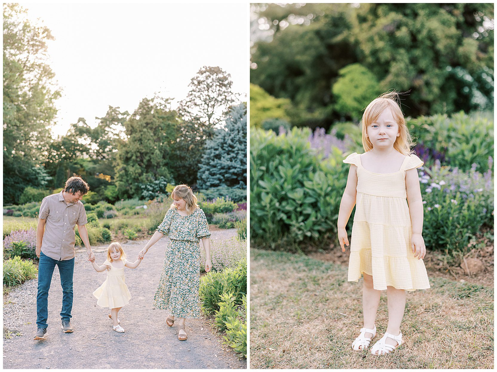 mom, dad, and daughter smiling and walking in a garden