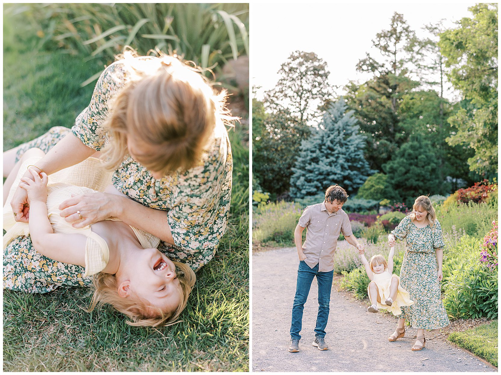 mom tickling daughter at garden session