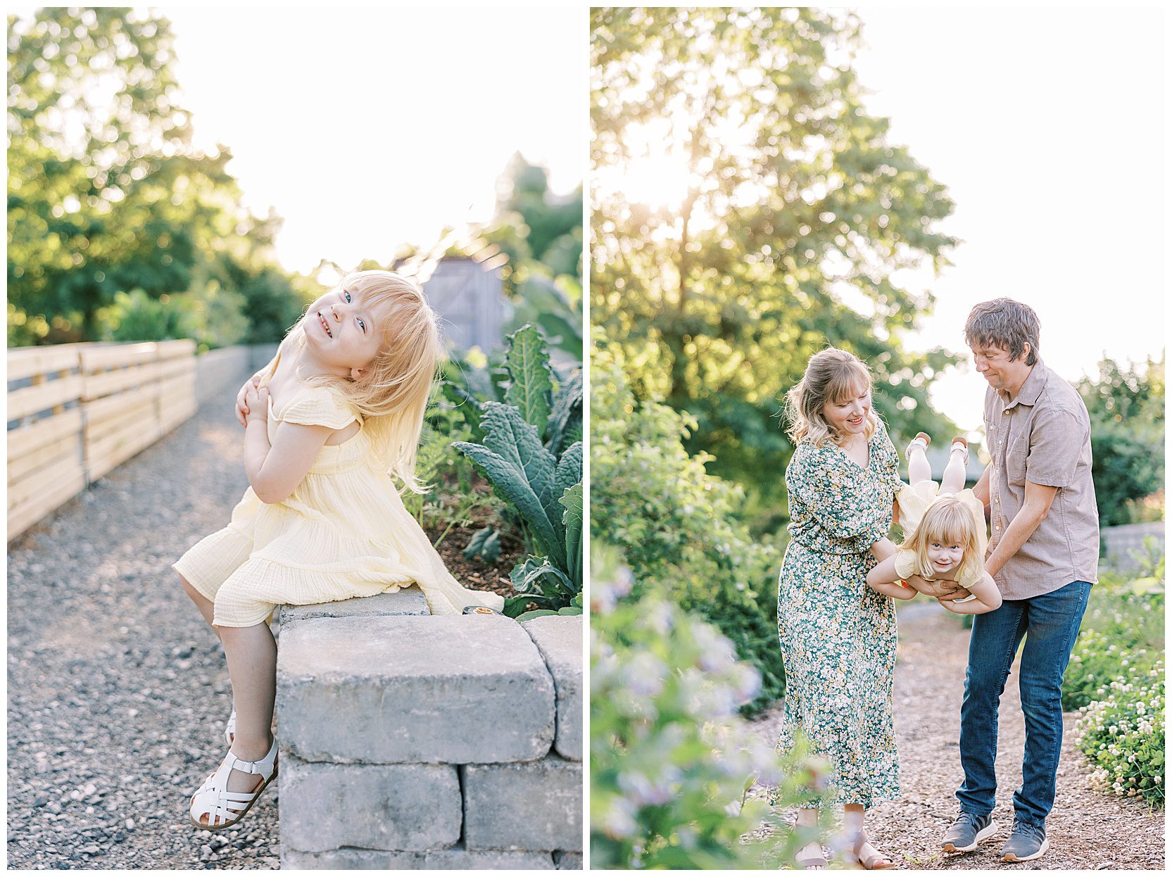 mom and dad swinging their daughter, who is laughing