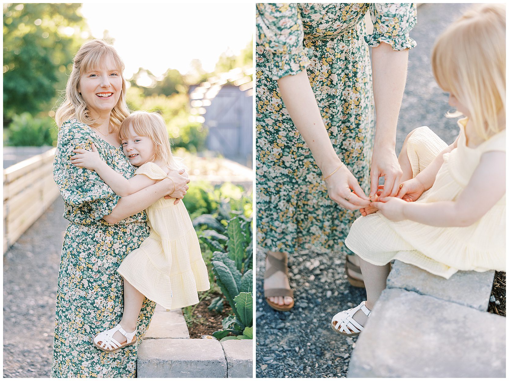 mom and daughter laughing in gardens at family session