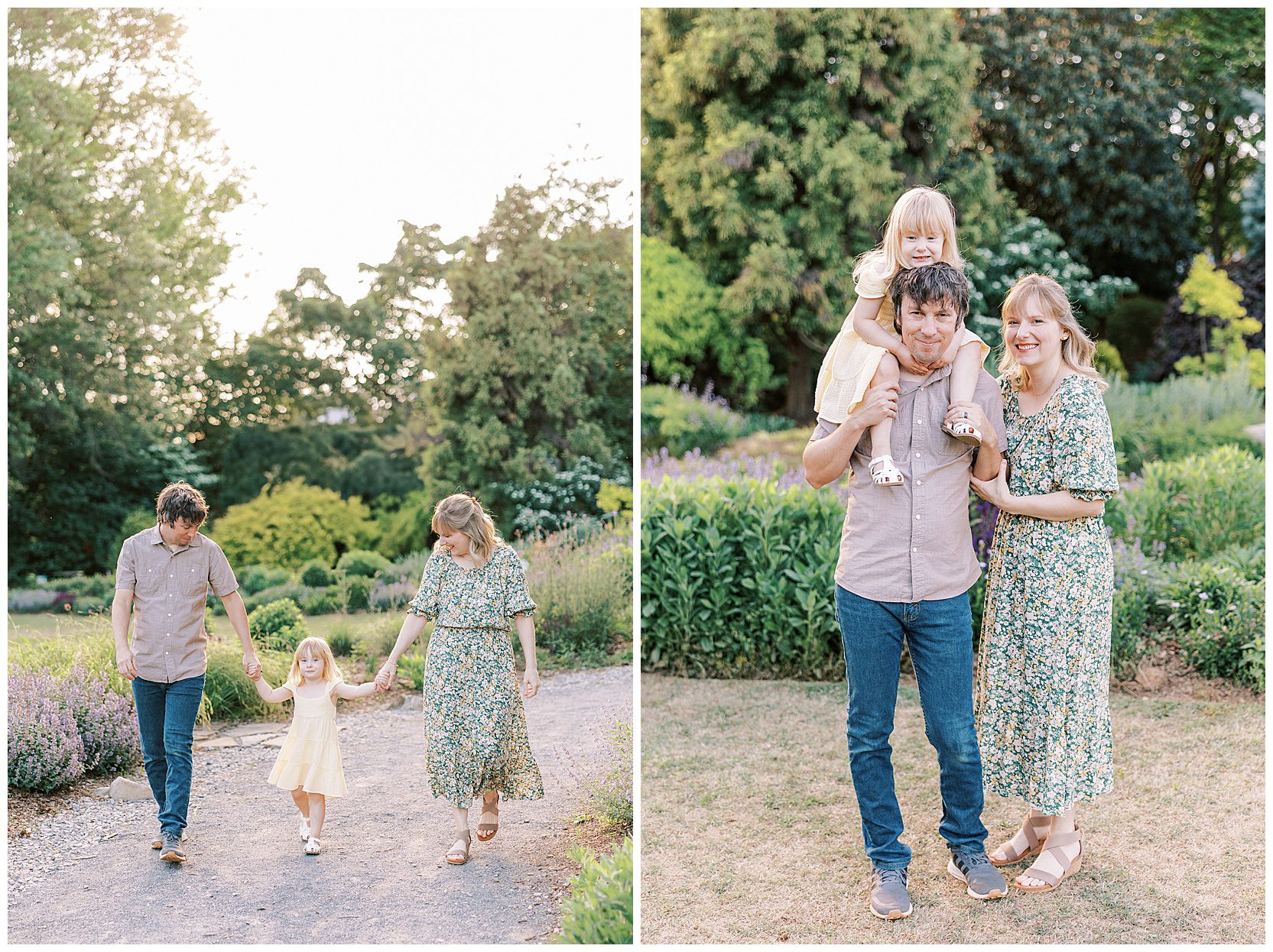 mom, dad, and daughter smiling and walking in a garden