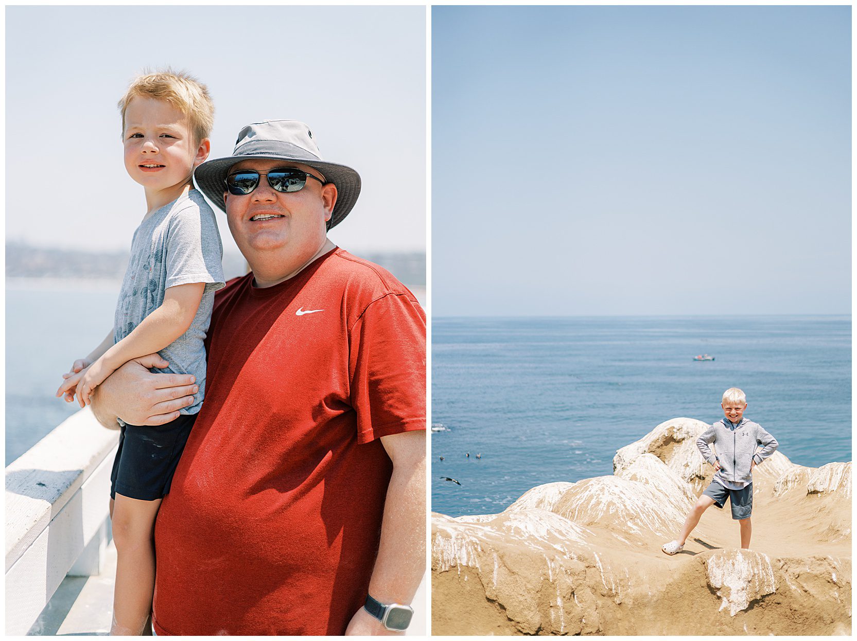 dad and son posing by ocean