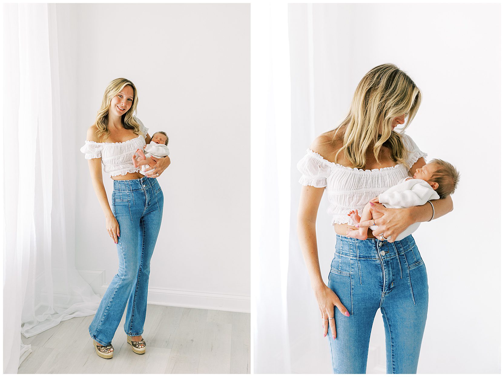 mom wearing white shirt and jeans holding baby