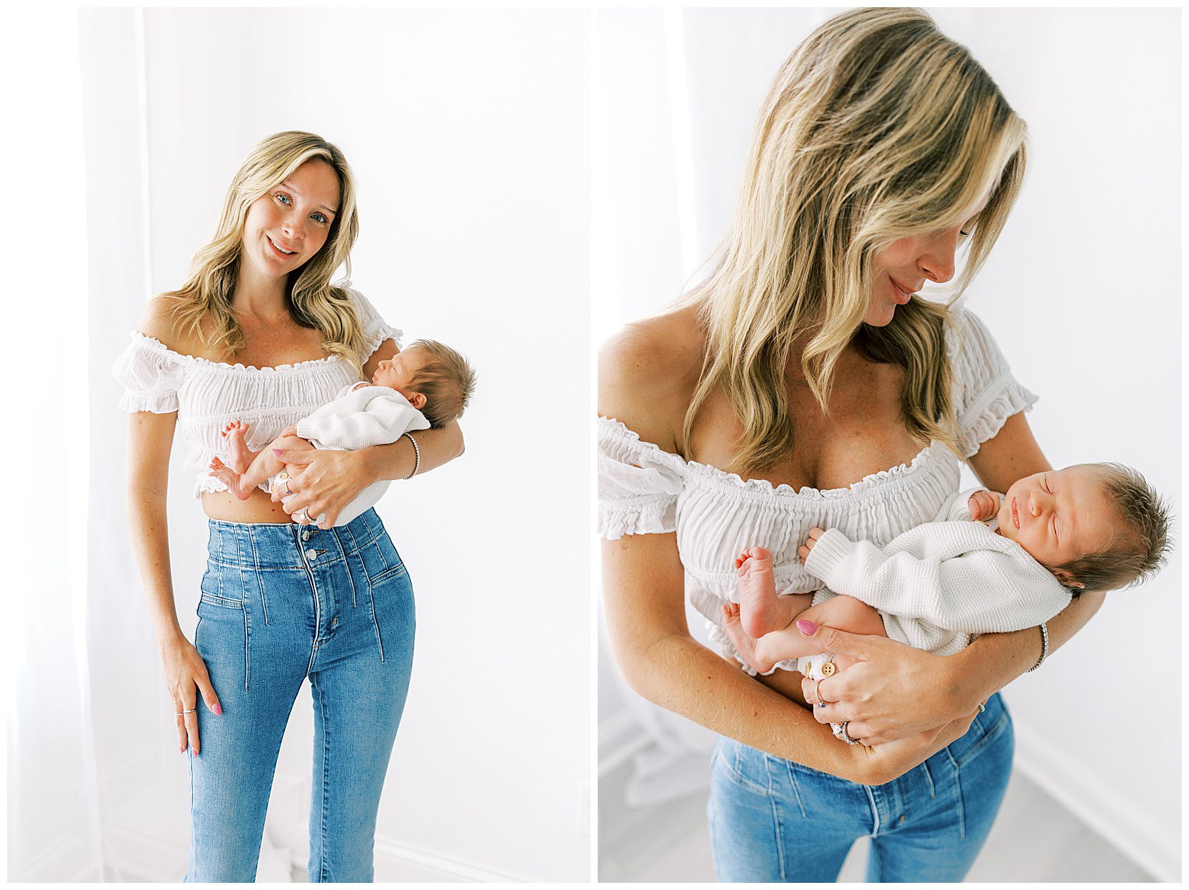 mom wearing white shirt and jeans holding baby
