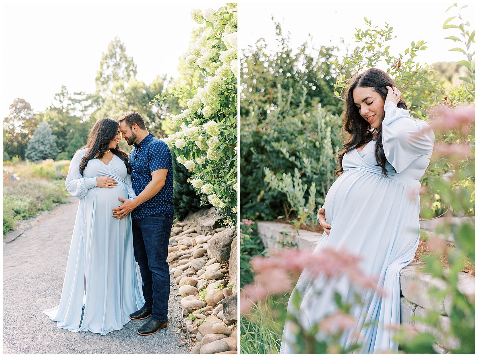 man and woman posing in front of hydrangea bush at ut gardens