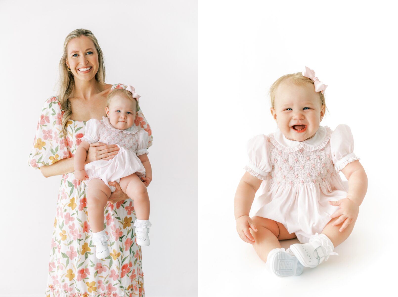mom with baby looking at camera baby big smiles at camera