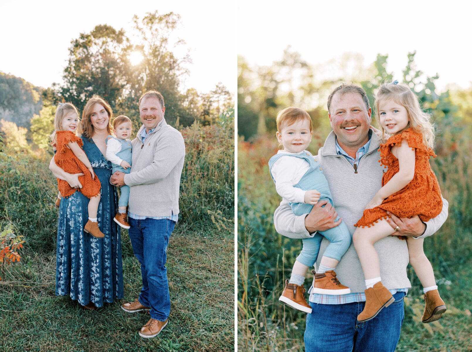family looking at camera, dad holding kids
