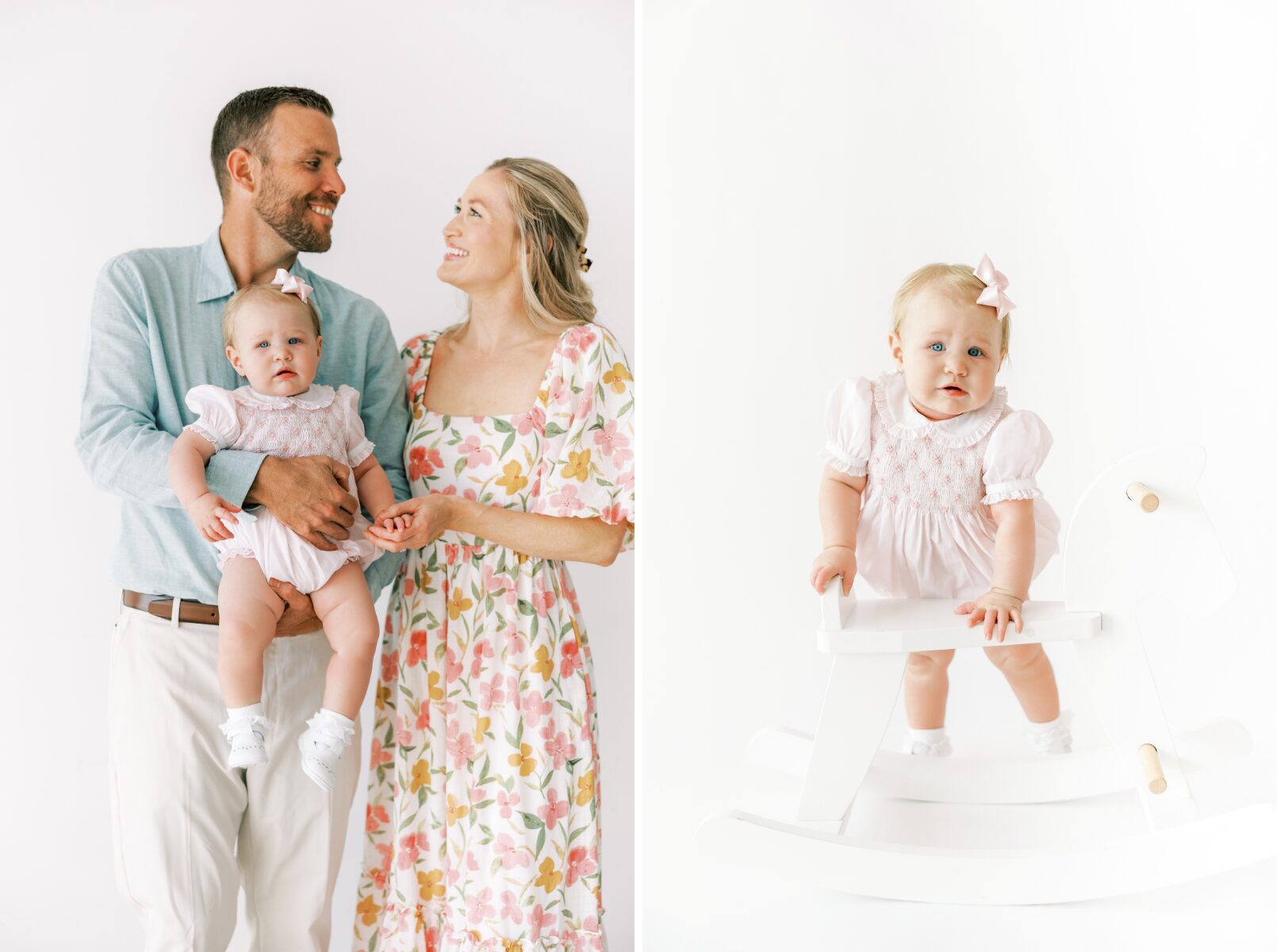 mom and dad looking at each other smiling baby standing on rocker