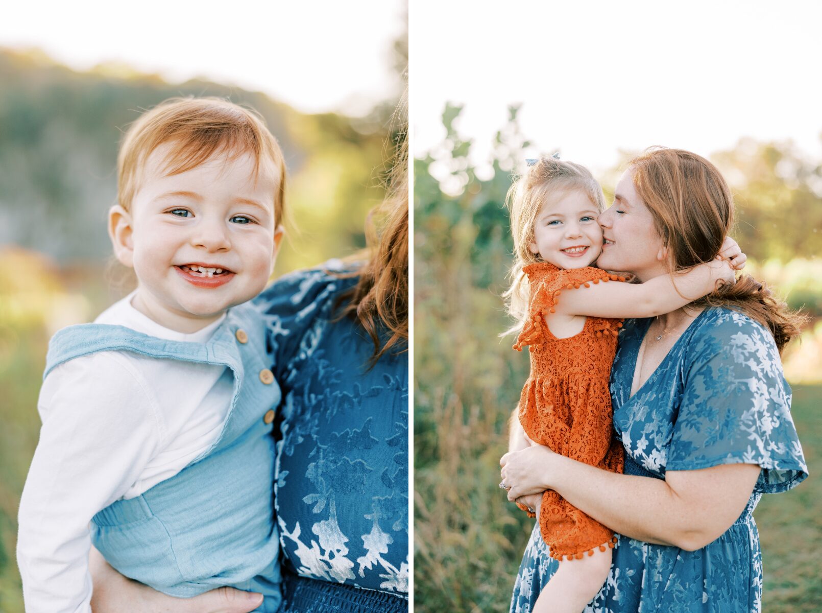 little boy, mom kissing girl on cheek