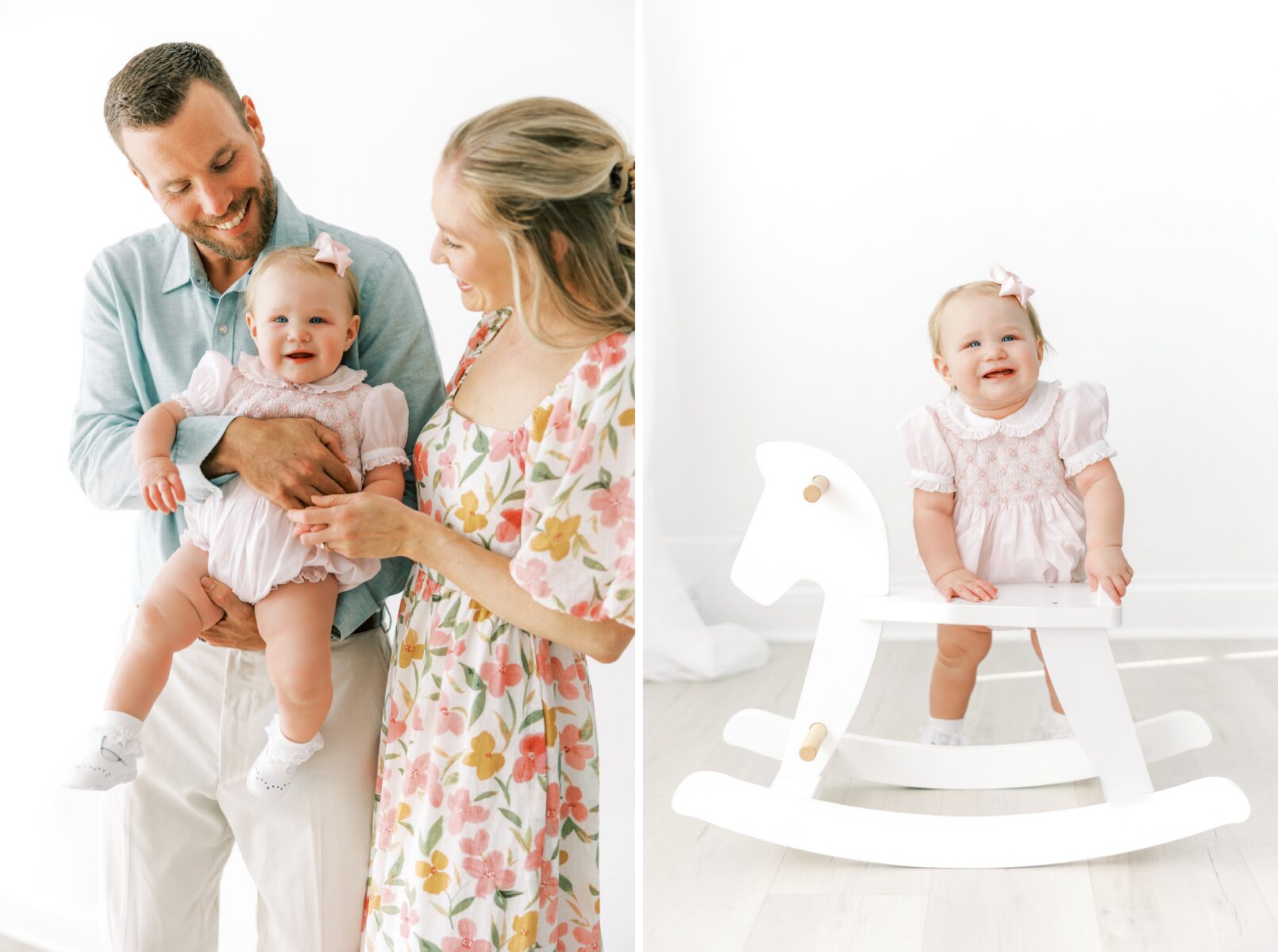 dad, mom looking at baby baby holding on to rocker