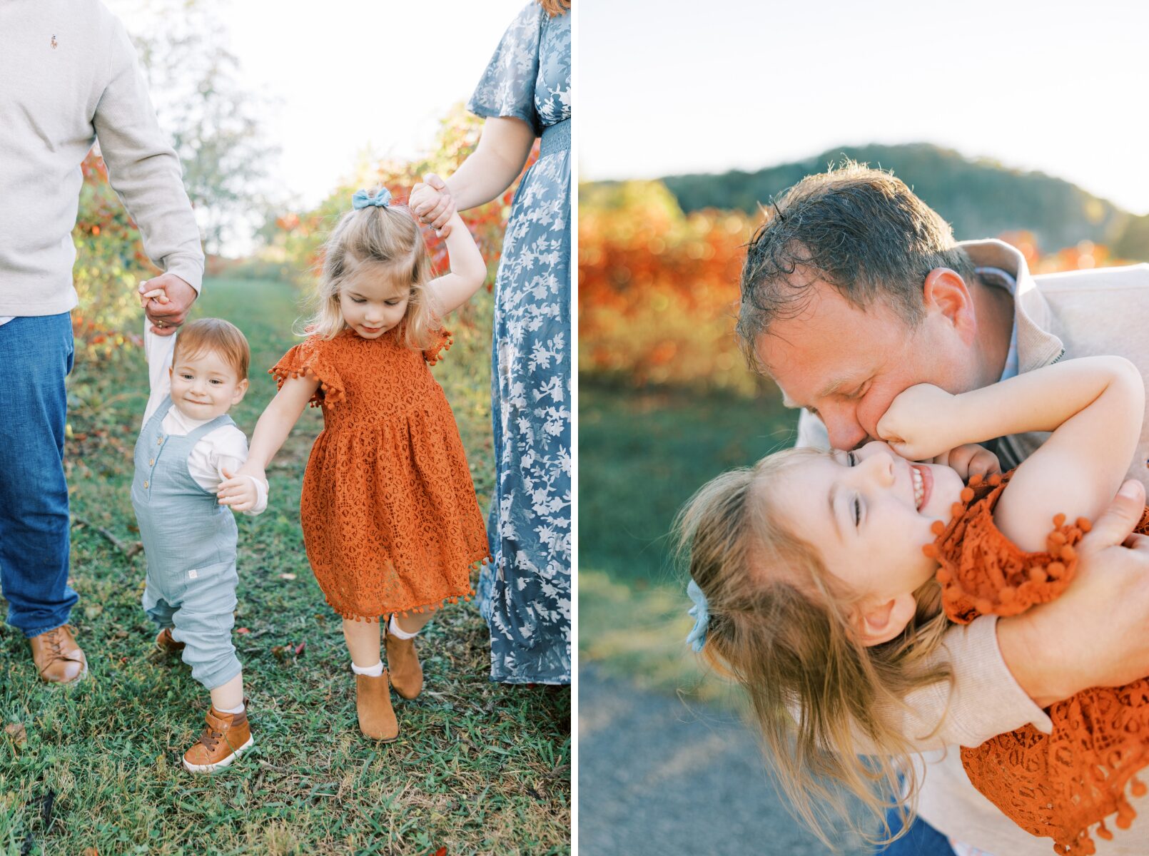 children holding hands walking, dad kissing girl on cheek