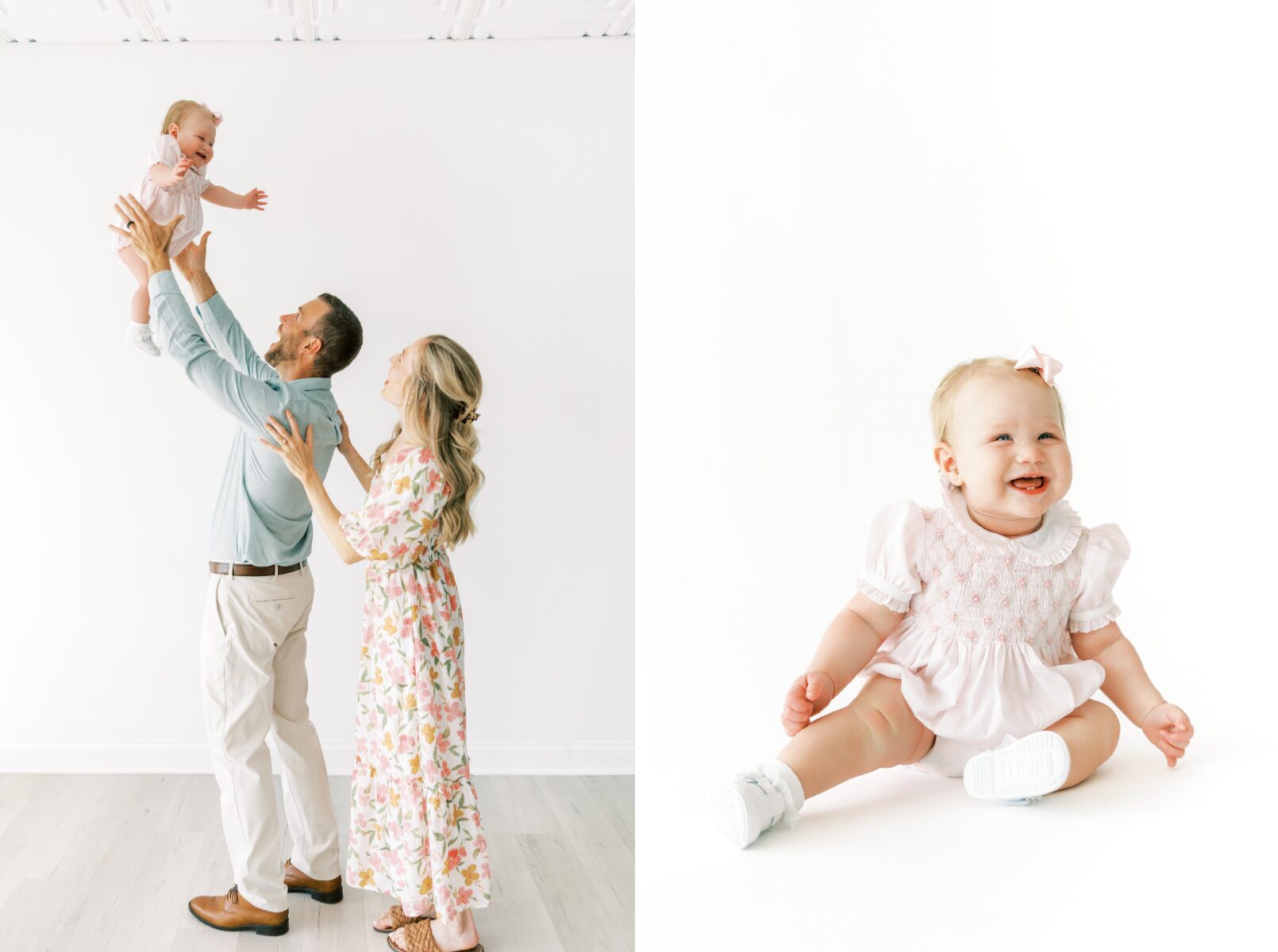 dad throwing baby in air, mom looking baby smiling at camera
