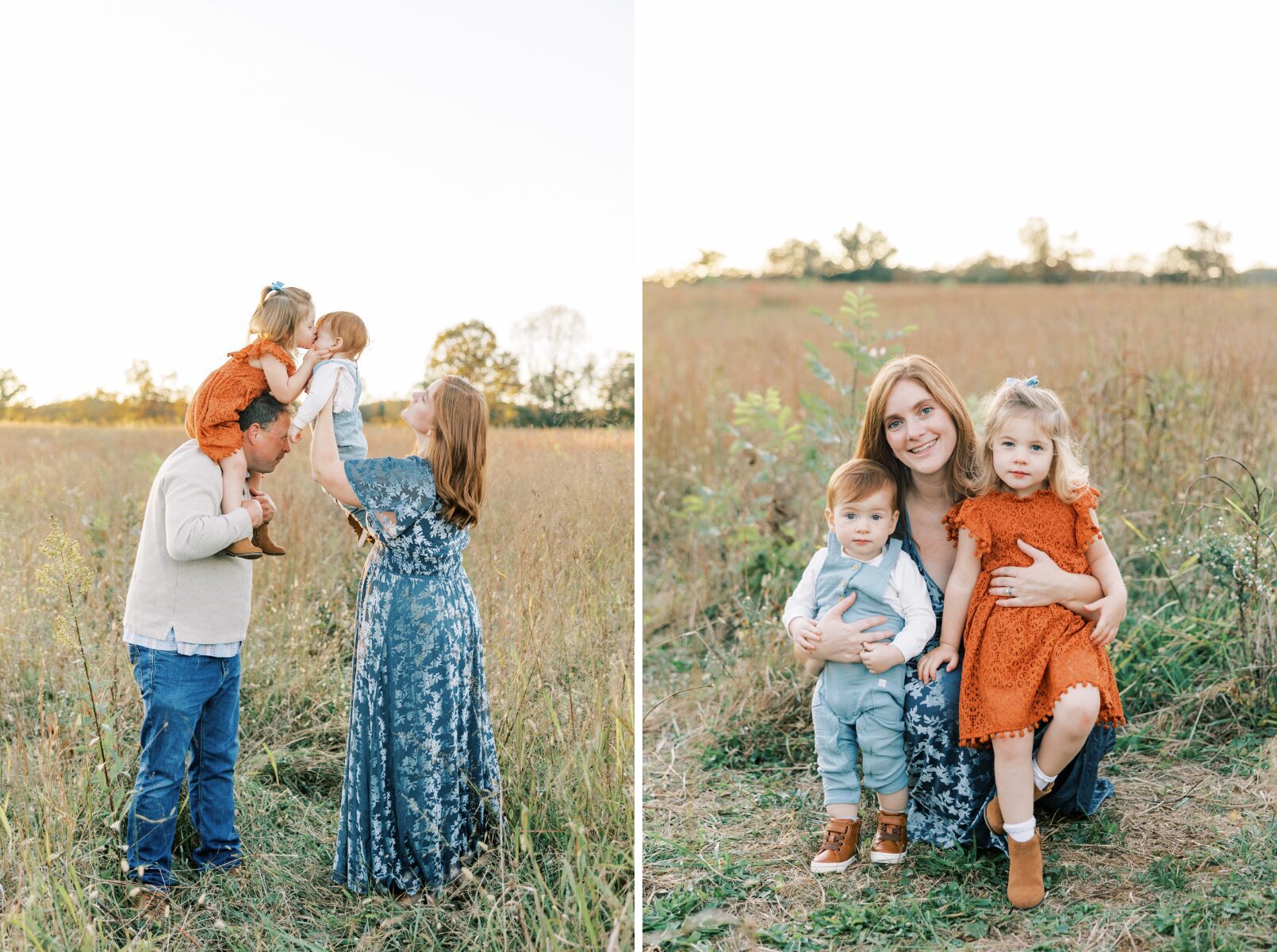 girl on dads shoulder kissing little brother, mom with kids 