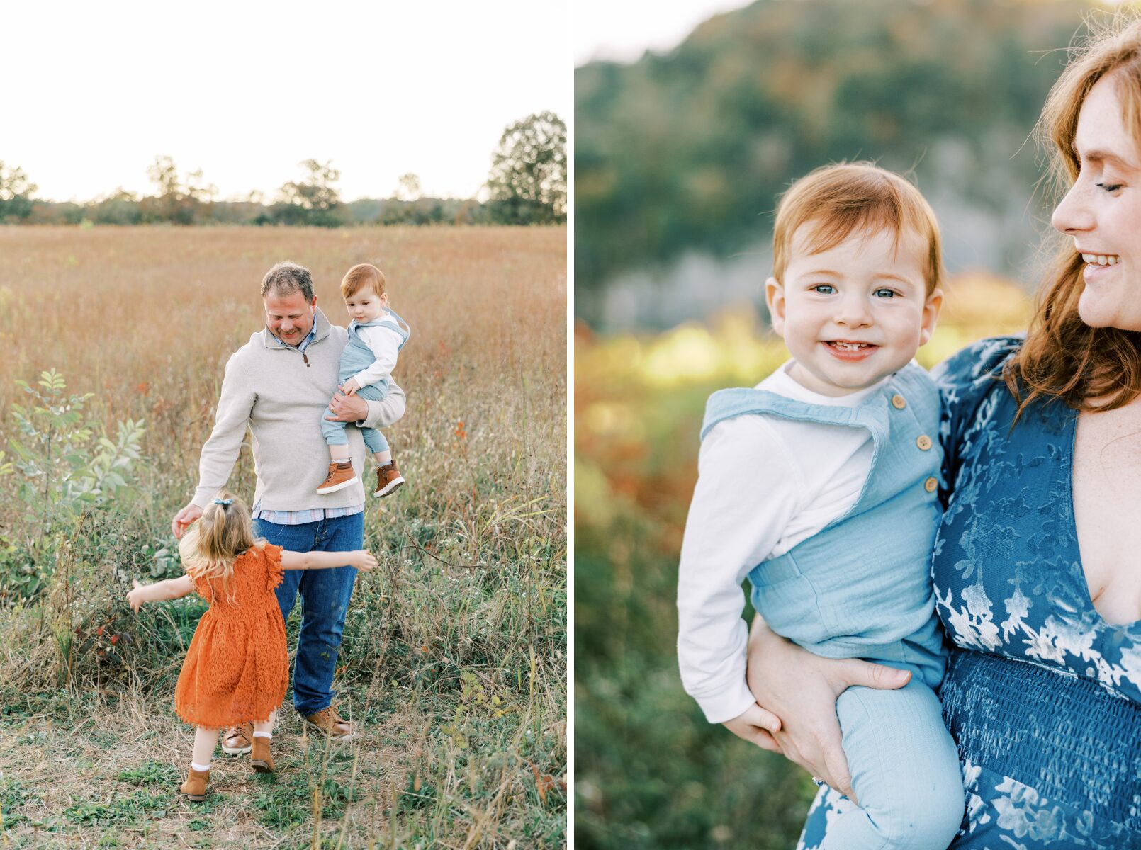 girl running to dad while dad is holding boy, little boy smiling 