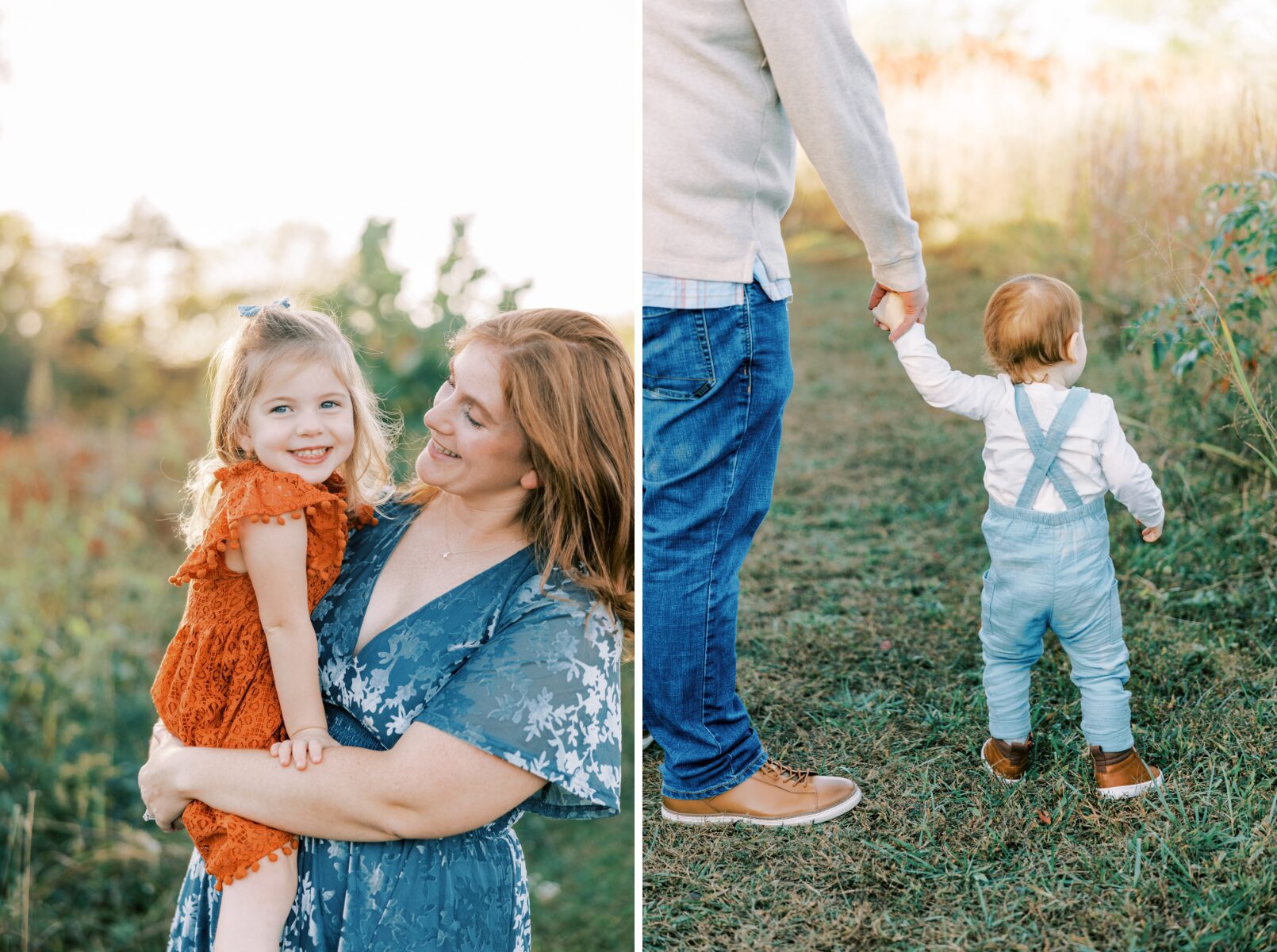 girl looking at camera, dad and boy walking away from camera