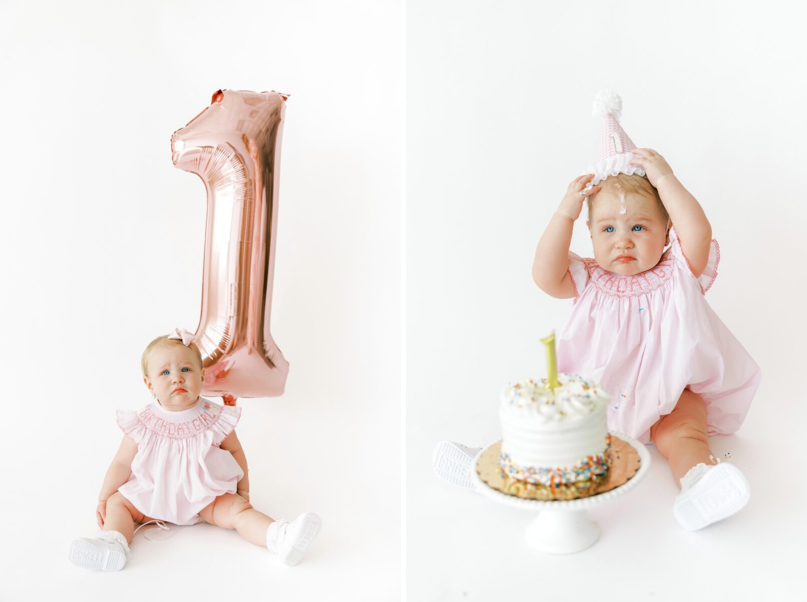baby with one balloon baby with cake and hat