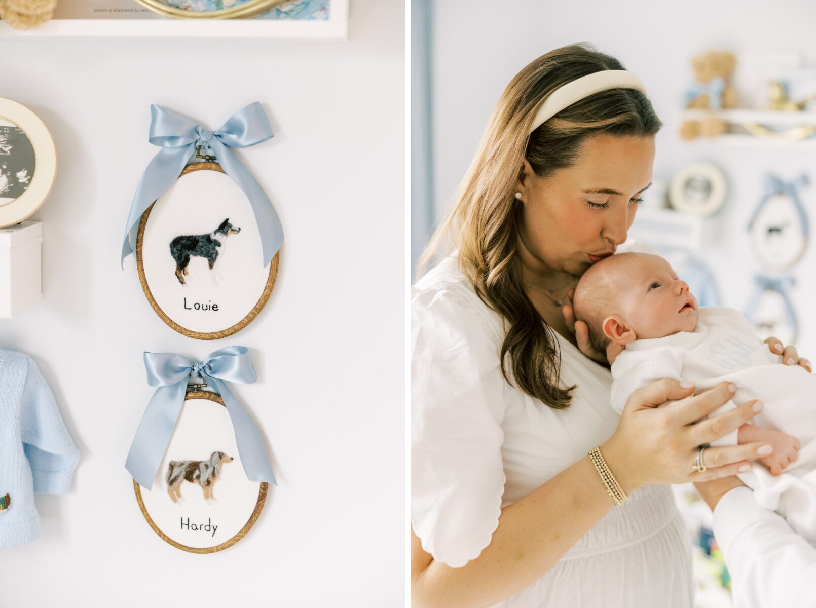 wall details, mom kissing baby on head