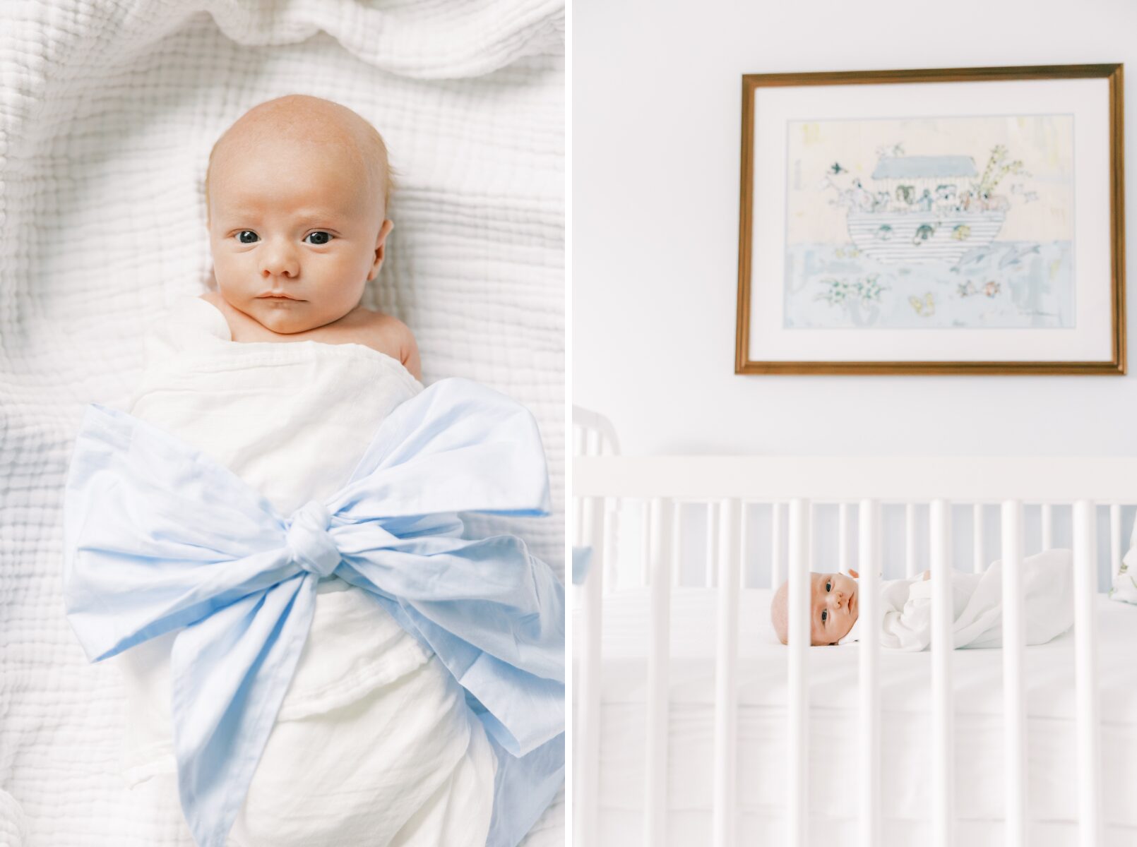 baby with blue bow, baby in crib showing the wall