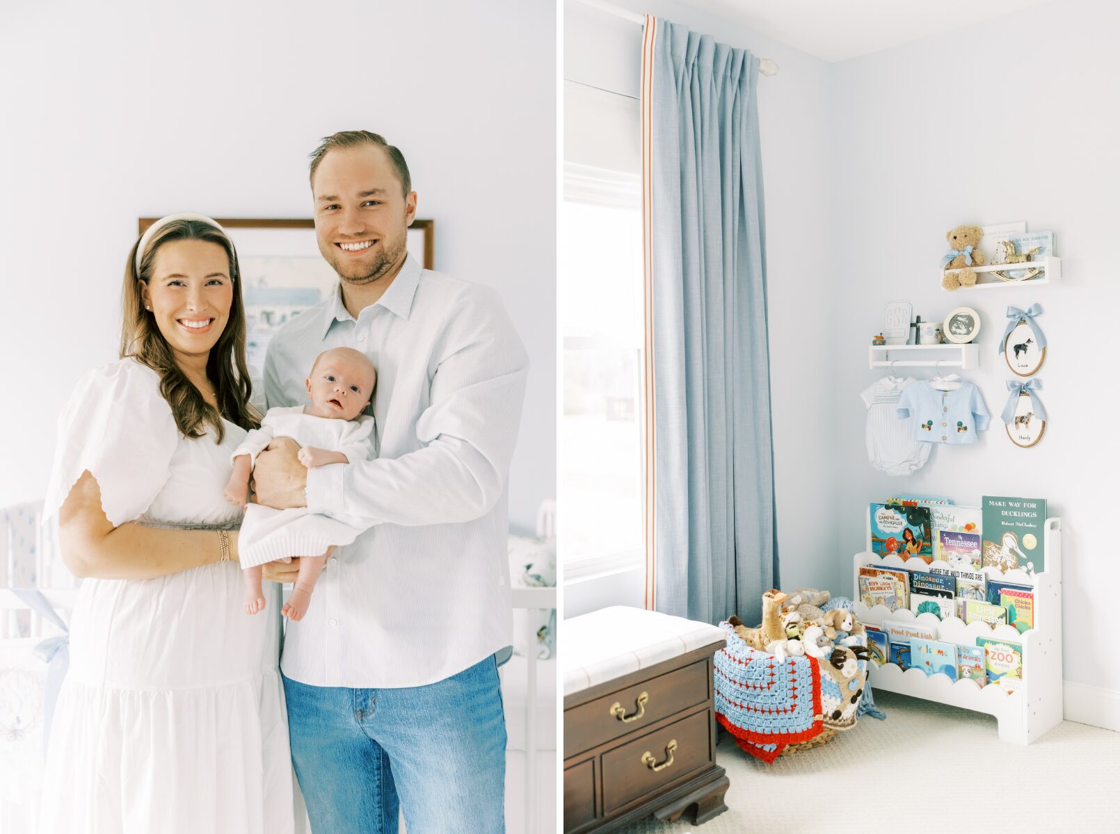 family smiling at camera, nursery pictured