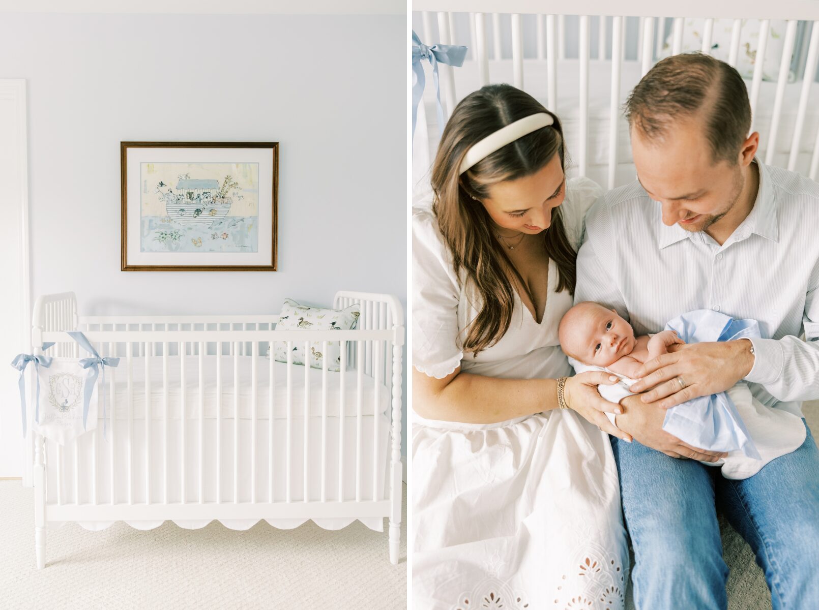picture of crib, mom and dad looking at baby
