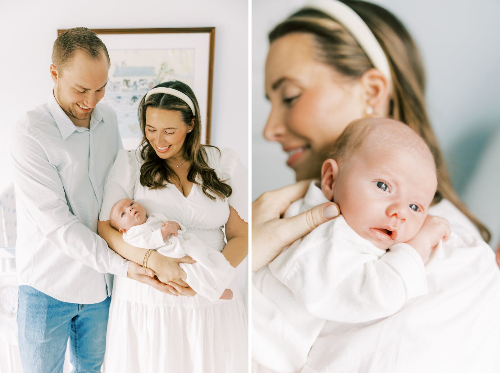 mom and dad looking at baby, baby on mothers shoulder