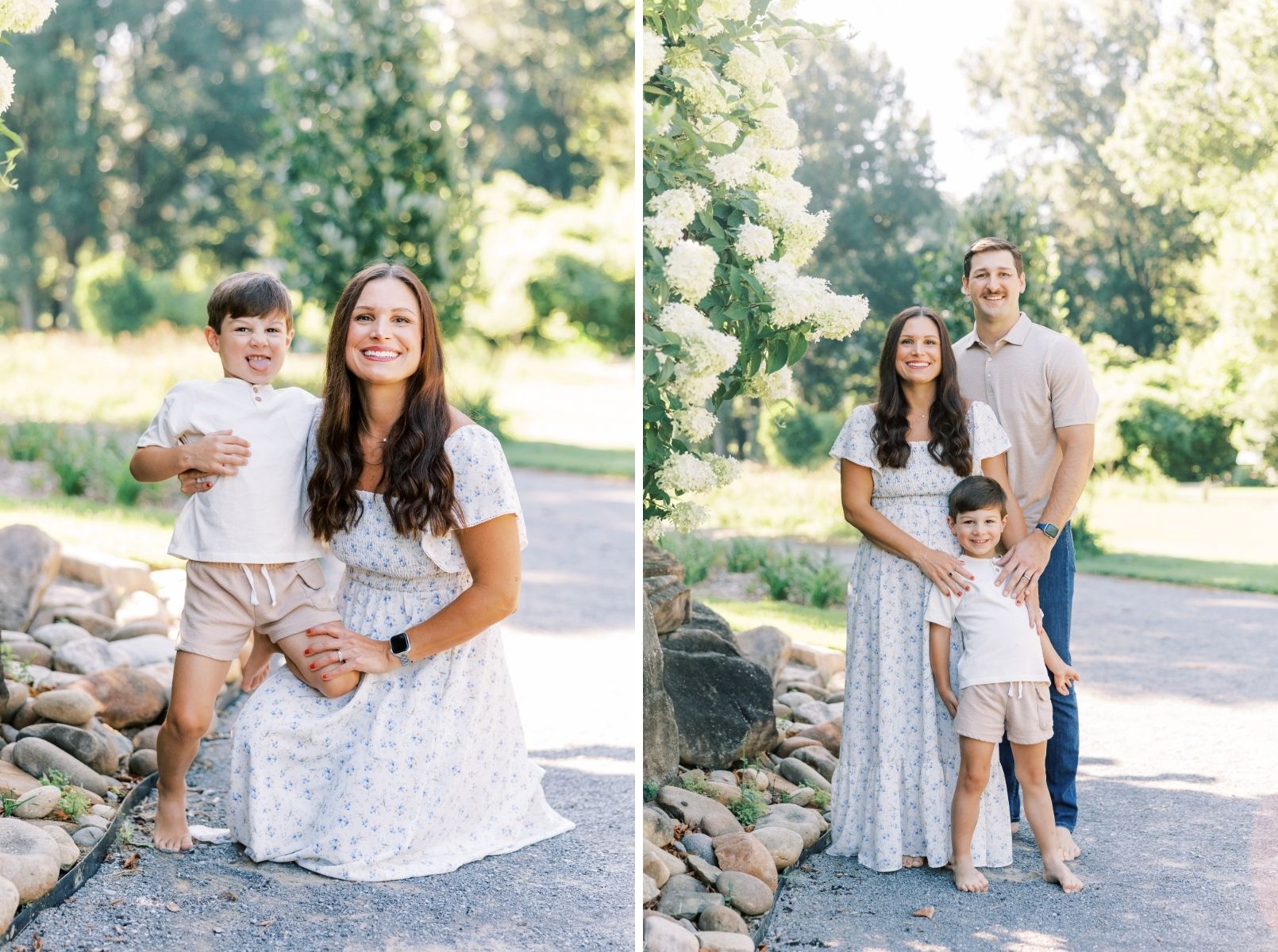 mom and son being goofy, all three smiling at camera in rocks