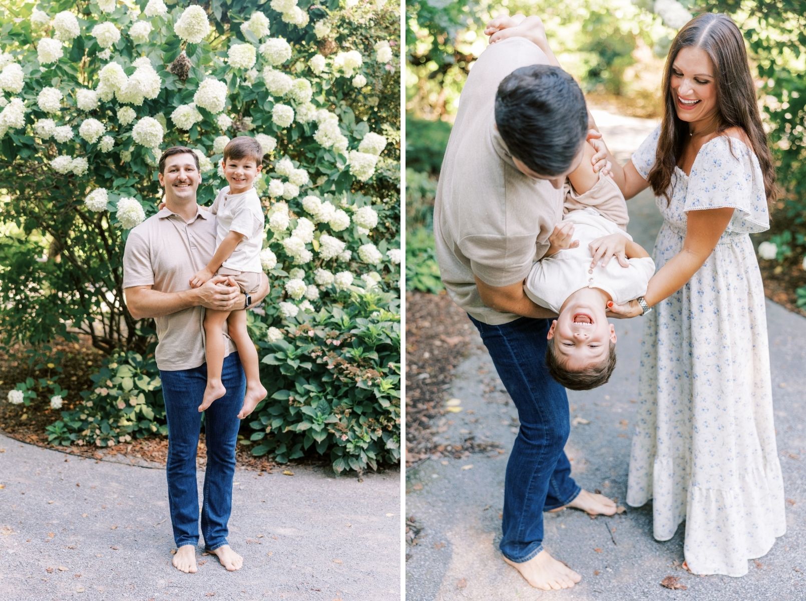dad holding son, dad and mom flipping son upside down