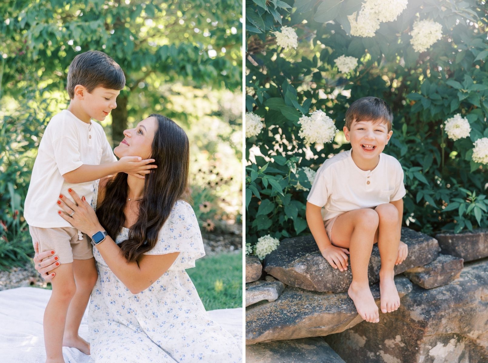 mom and son looking at each other, little boy smiling at camera