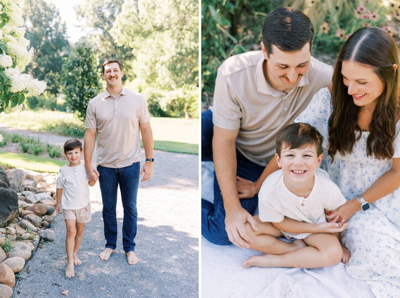 dad and son walking together, mom and dad looking at son 