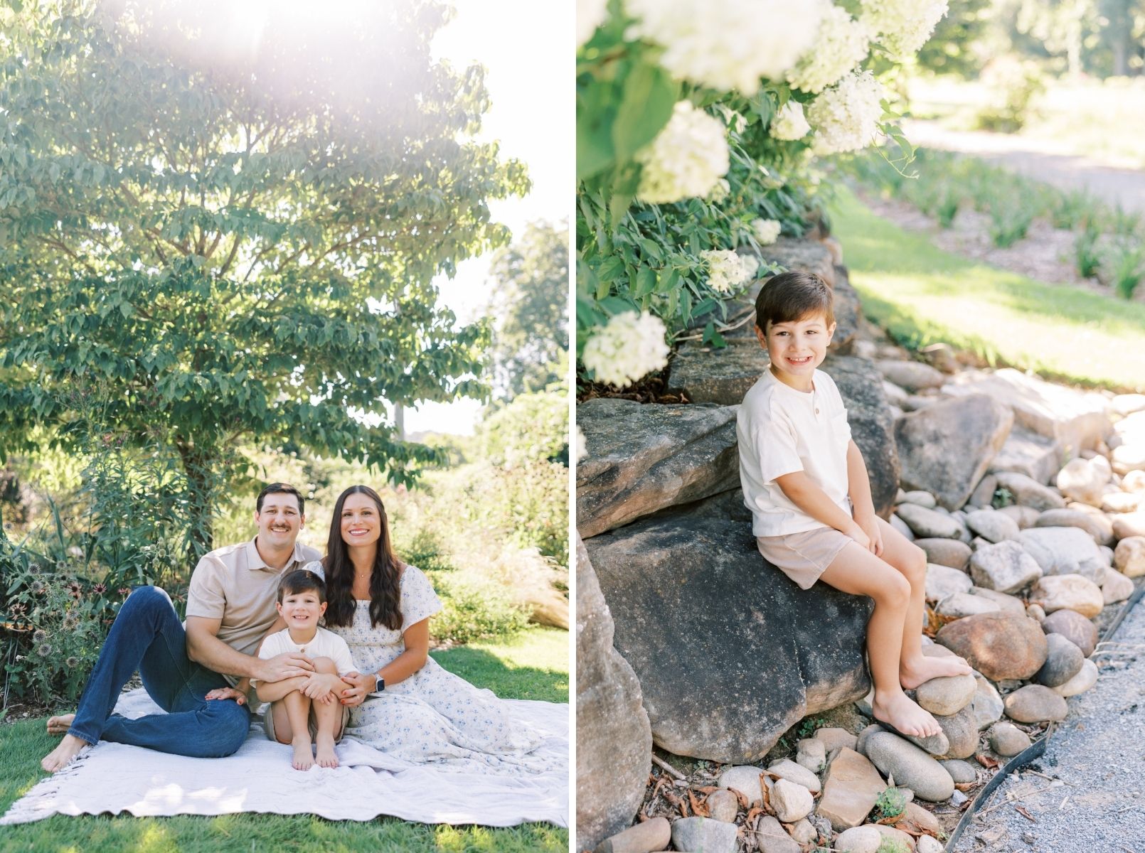 all three on blanket smiling at camera, little boy smiling while sitting on rock