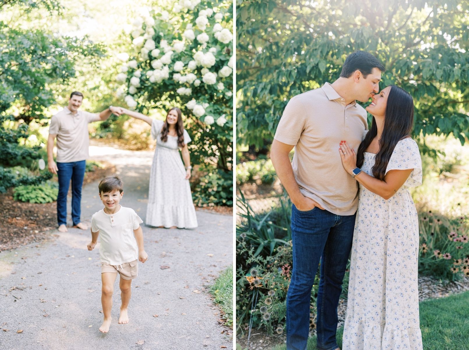 mom and dad holding hands while son runs, mom and dad looking at each other