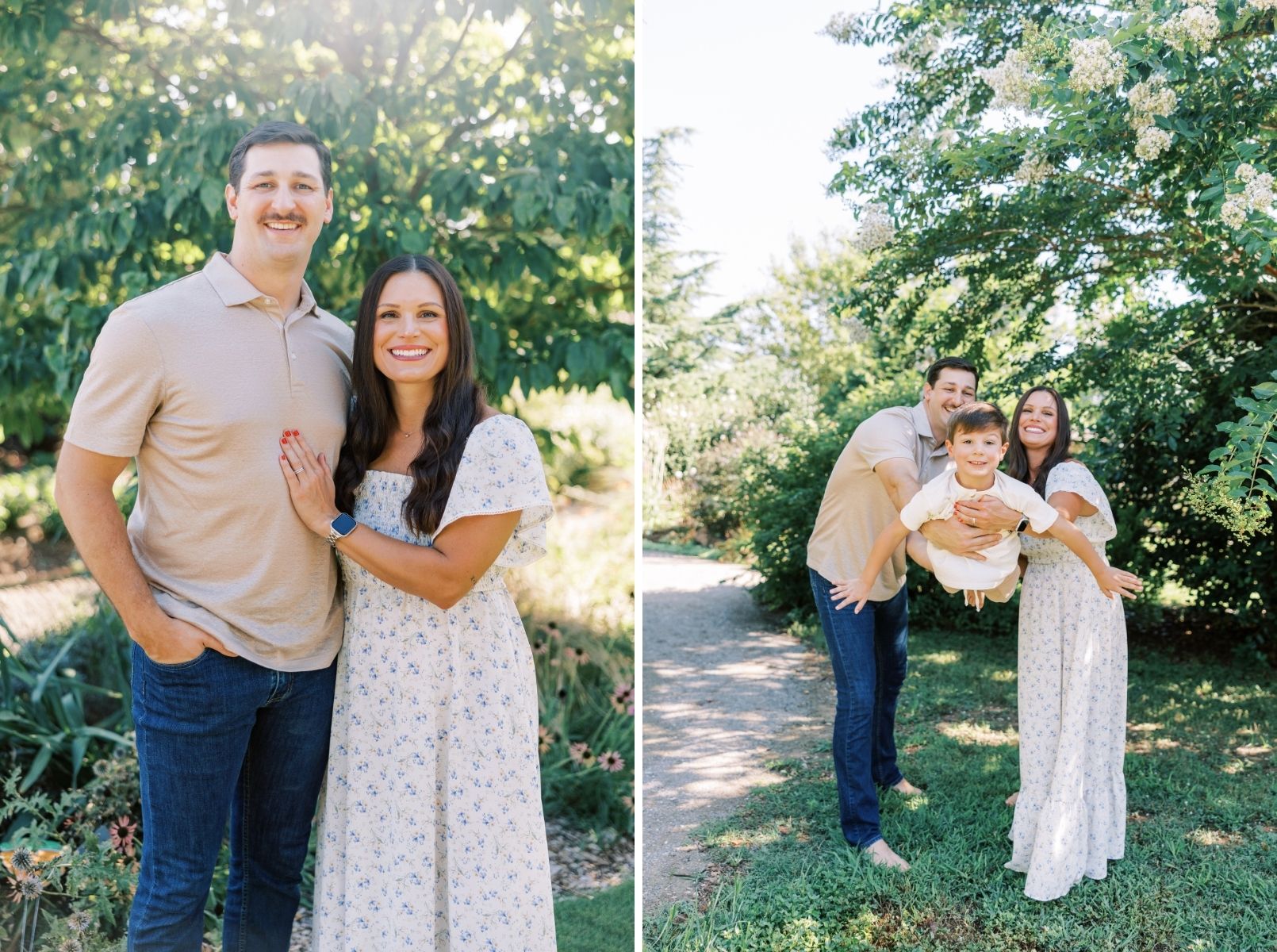 mom and dad smiling at camera, mom and dad swinging son in air