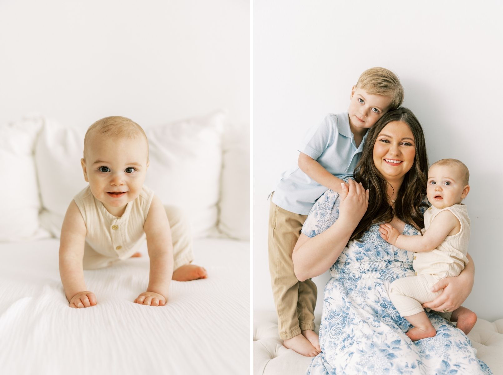 baby crawling looking at camera, mom with two sons