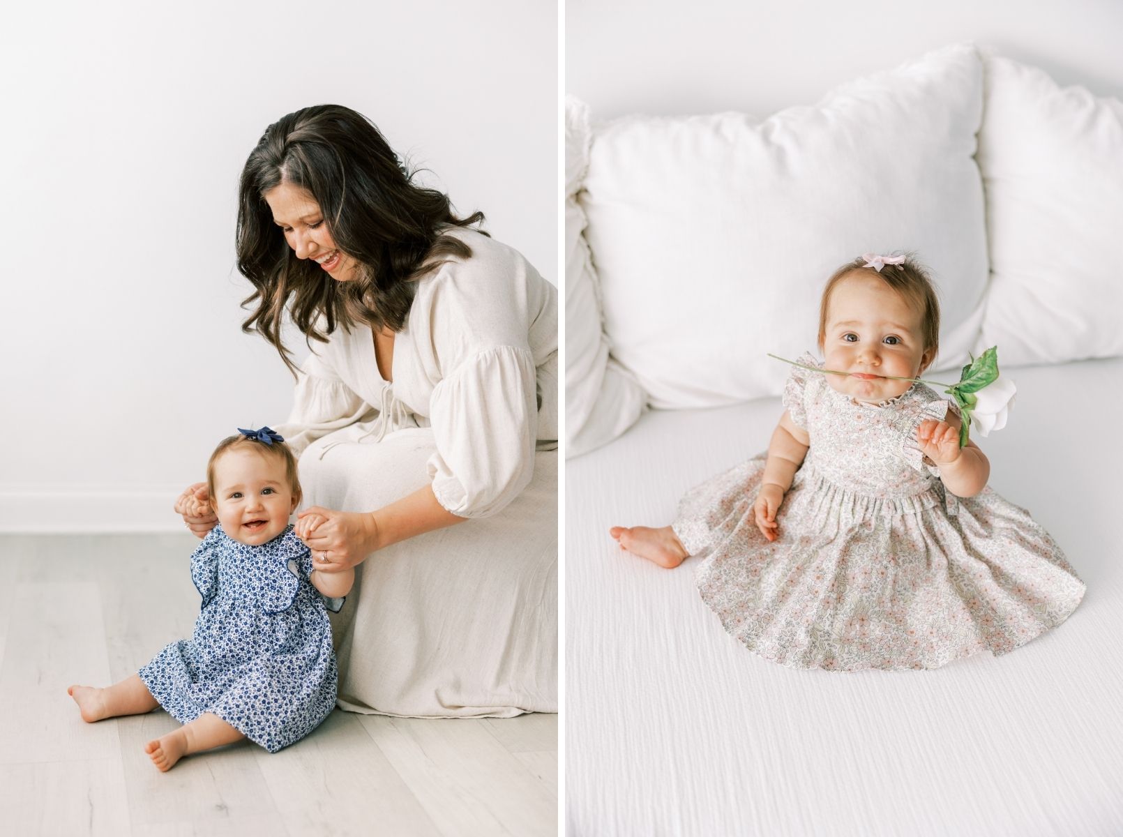 mom holding baby hands sitting, baby with flower in mouth