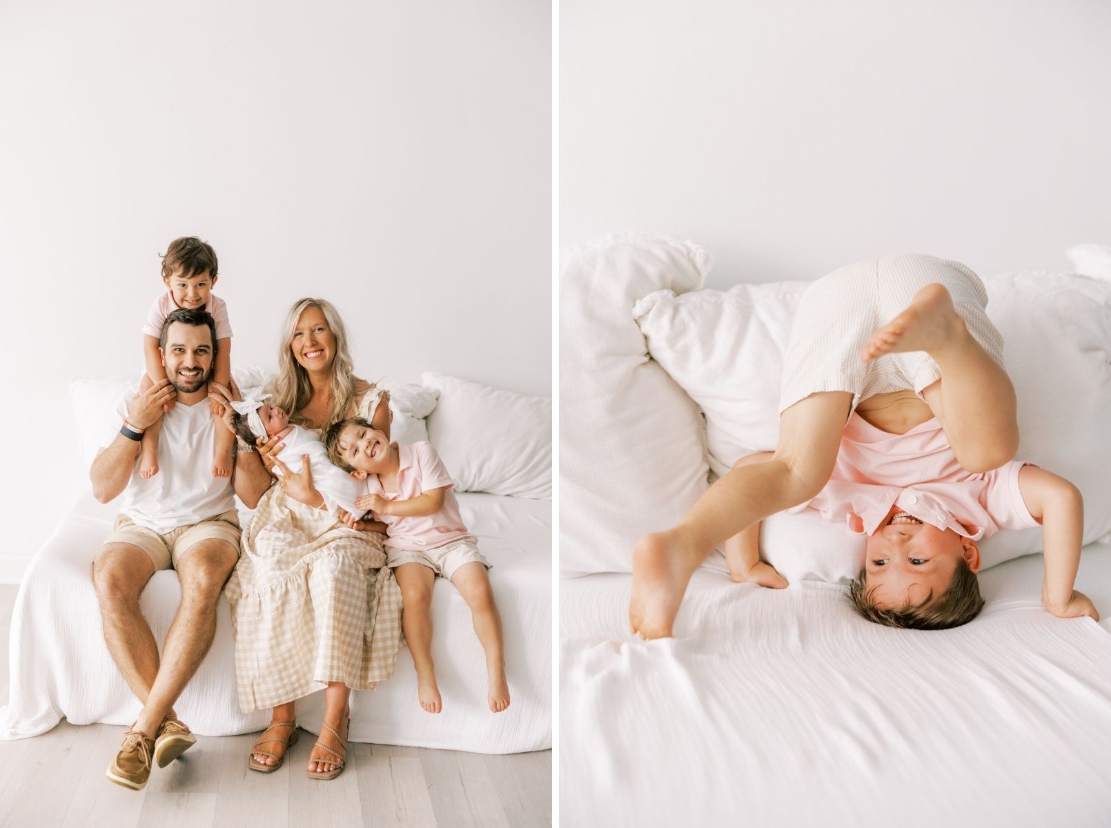 family picture on bed, little boy flipping on bed