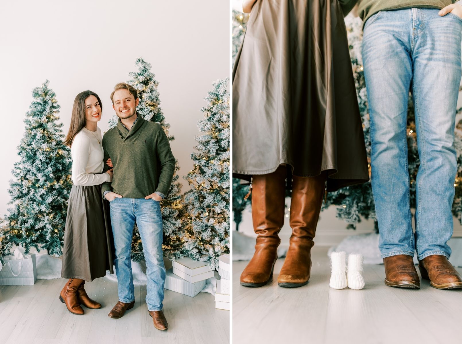 christmas couple looking at camera, baby feet announcement photo