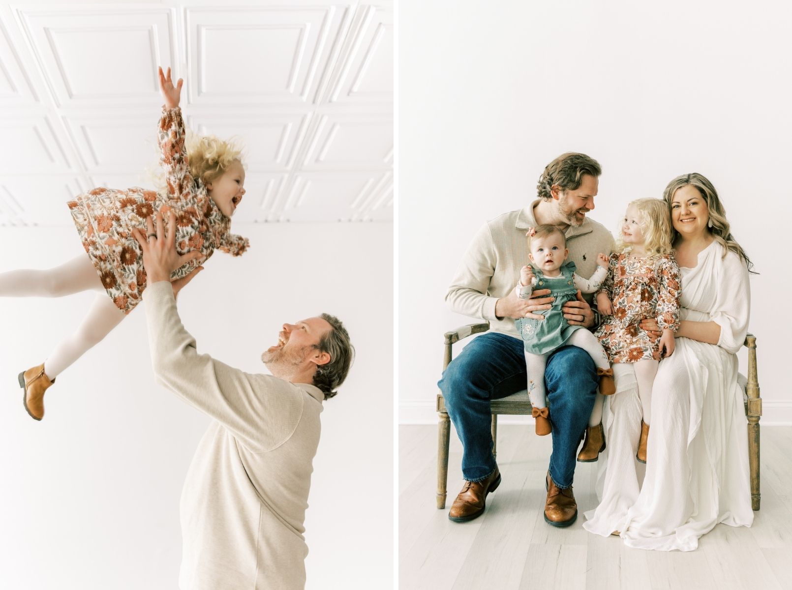 dad throwing girl in air, family looking at each other on bench 