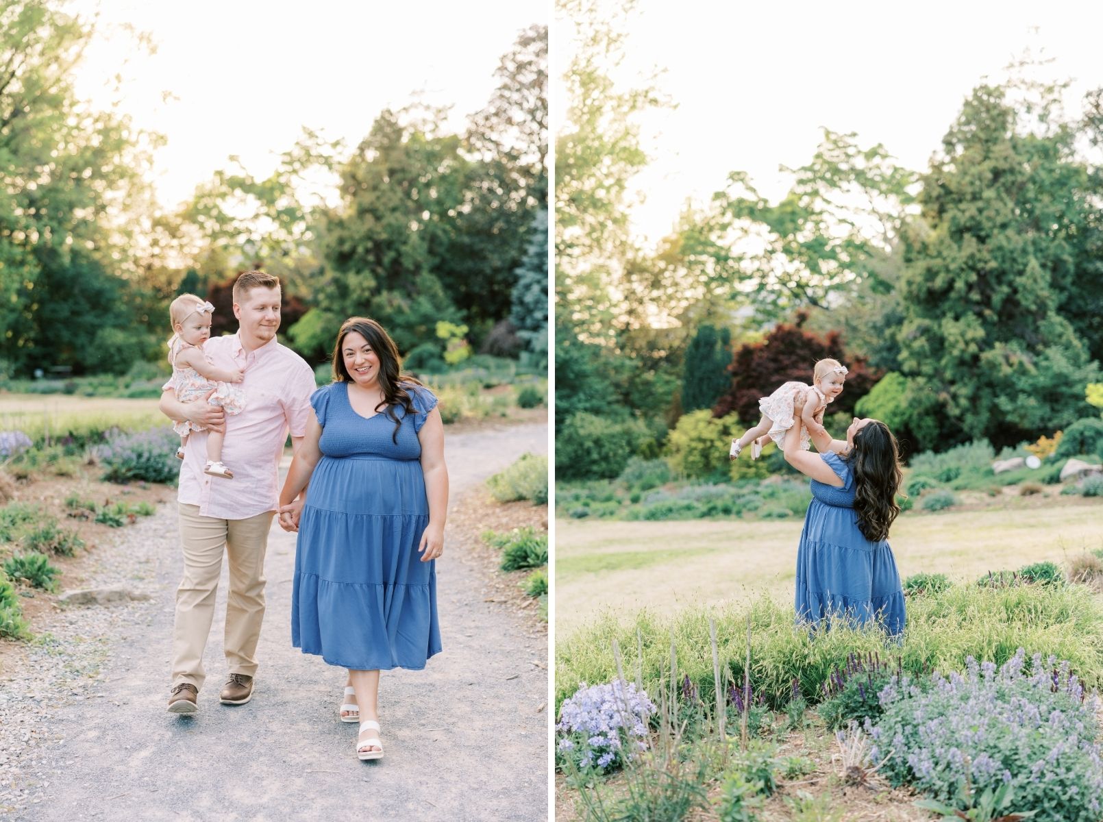 mom and dad walking holding hands, mom throwing baby girl in the air